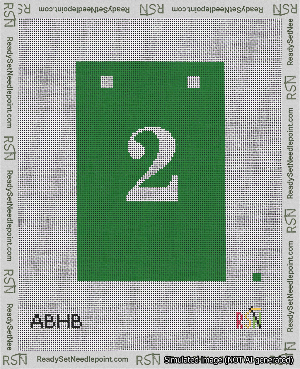 A taped needlepoint canvas with the design: Banner 18 mesh count Squared 2 White on Green.