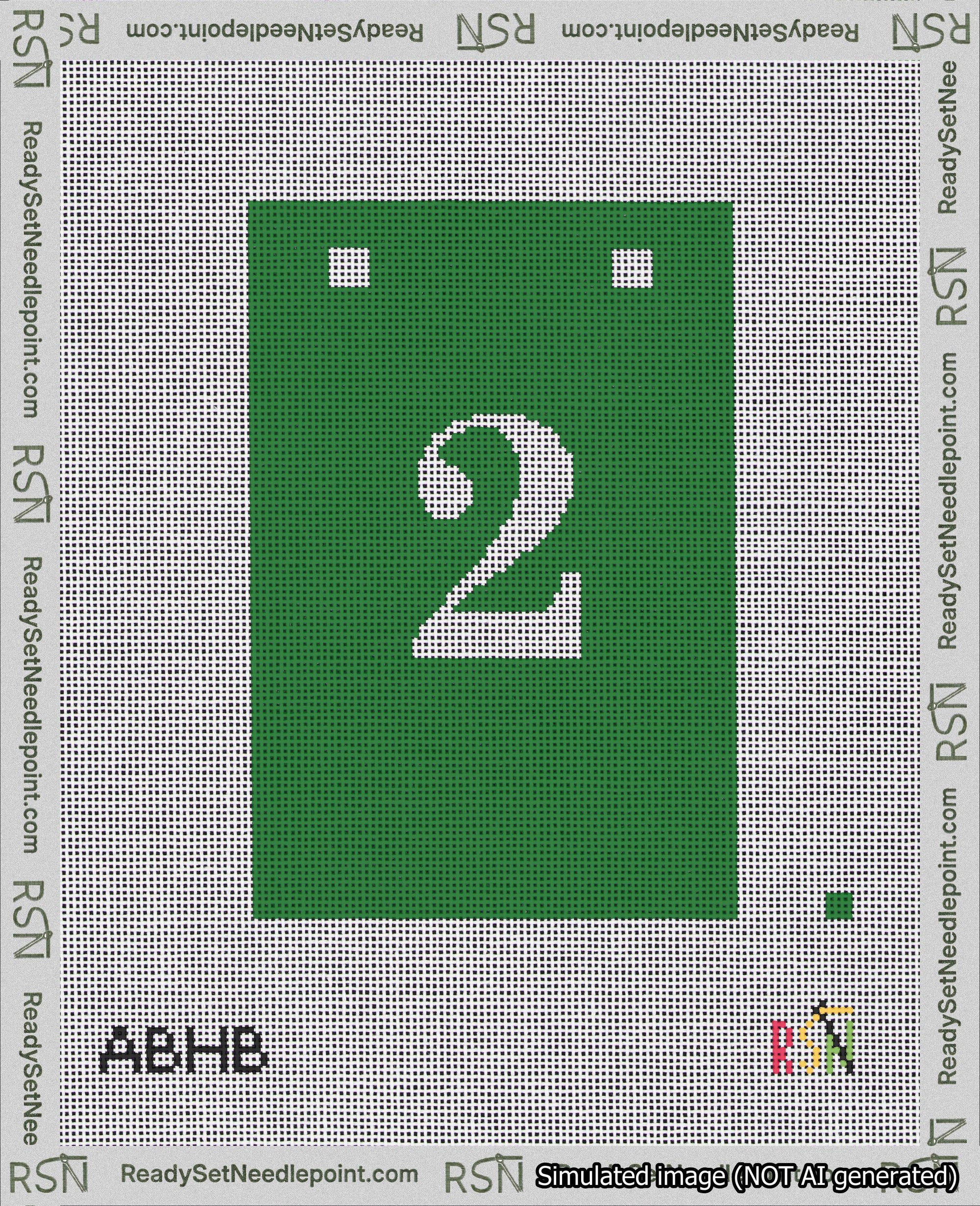 A taped needlepoint canvas with the design: Banner 18 mesh count Squared 2 White on Green.