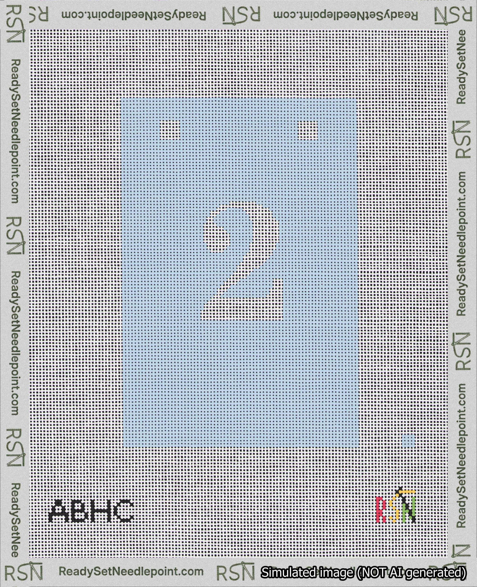 A taped needlepoint canvas with the design: Banner 18 mesh count Squared 2 White on Light Blue.