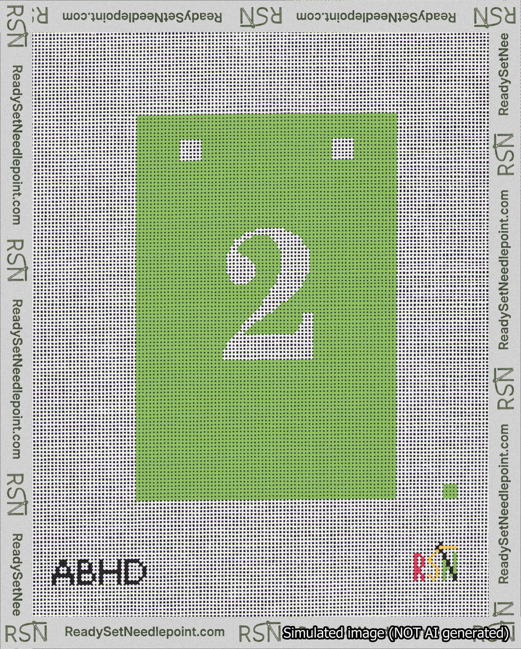 A taped needlepoint canvas with the design: Banner 18 mesh count Squared 2 White on Light Green.