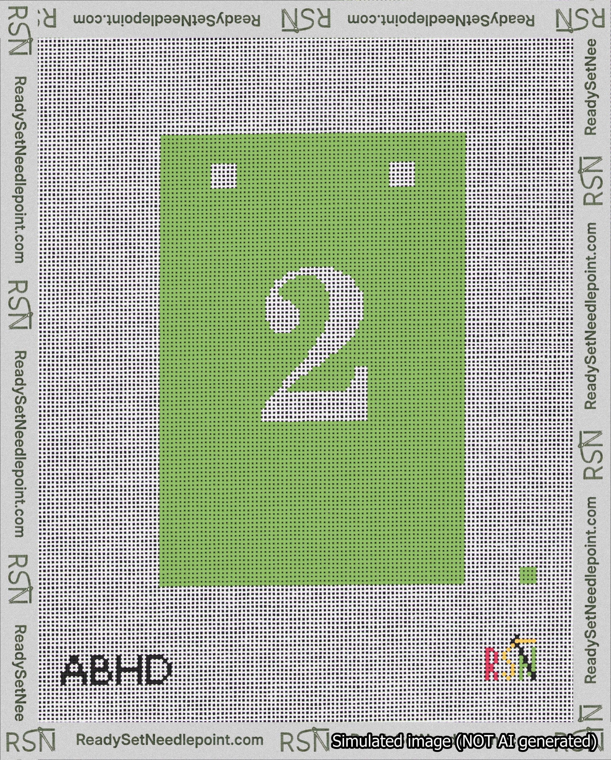 A taped needlepoint canvas with the design: Banner 18 mesh count Squared 2 White on Light Green.