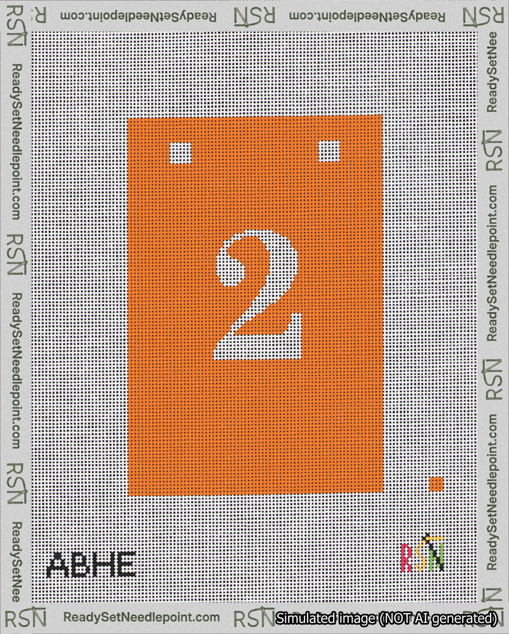 A taped needlepoint canvas with the design: Banner 18 mesh count Squared 2 White on Orange.