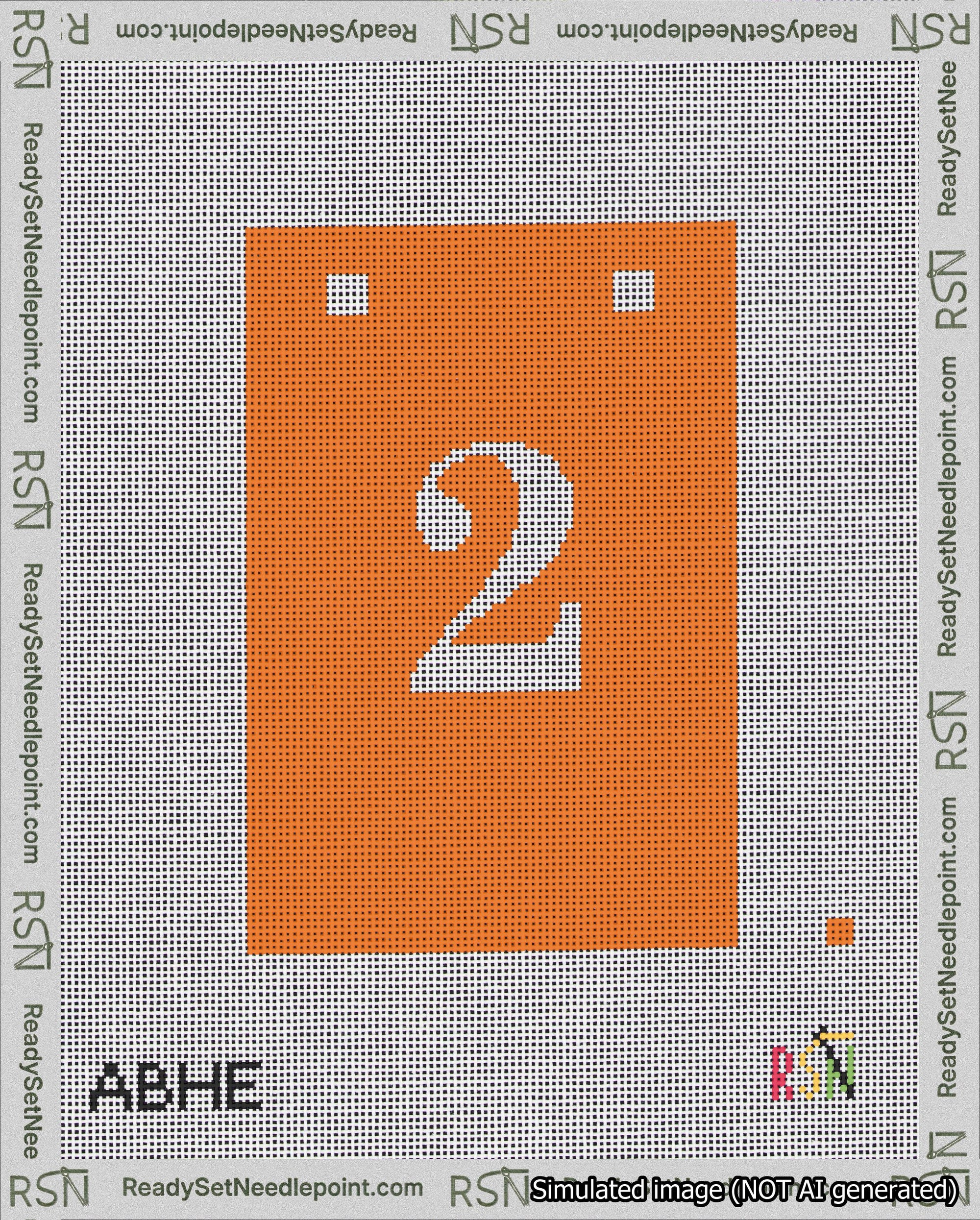 A taped needlepoint canvas with the design: Banner 18 mesh count Squared 2 White on Orange.