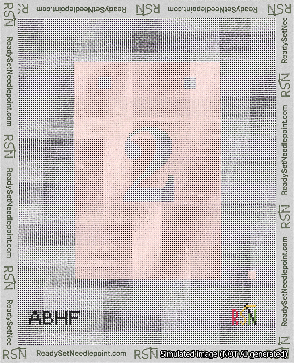 A taped needlepoint canvas with the design: Banner 18 mesh count Squared 2 White on Pink.