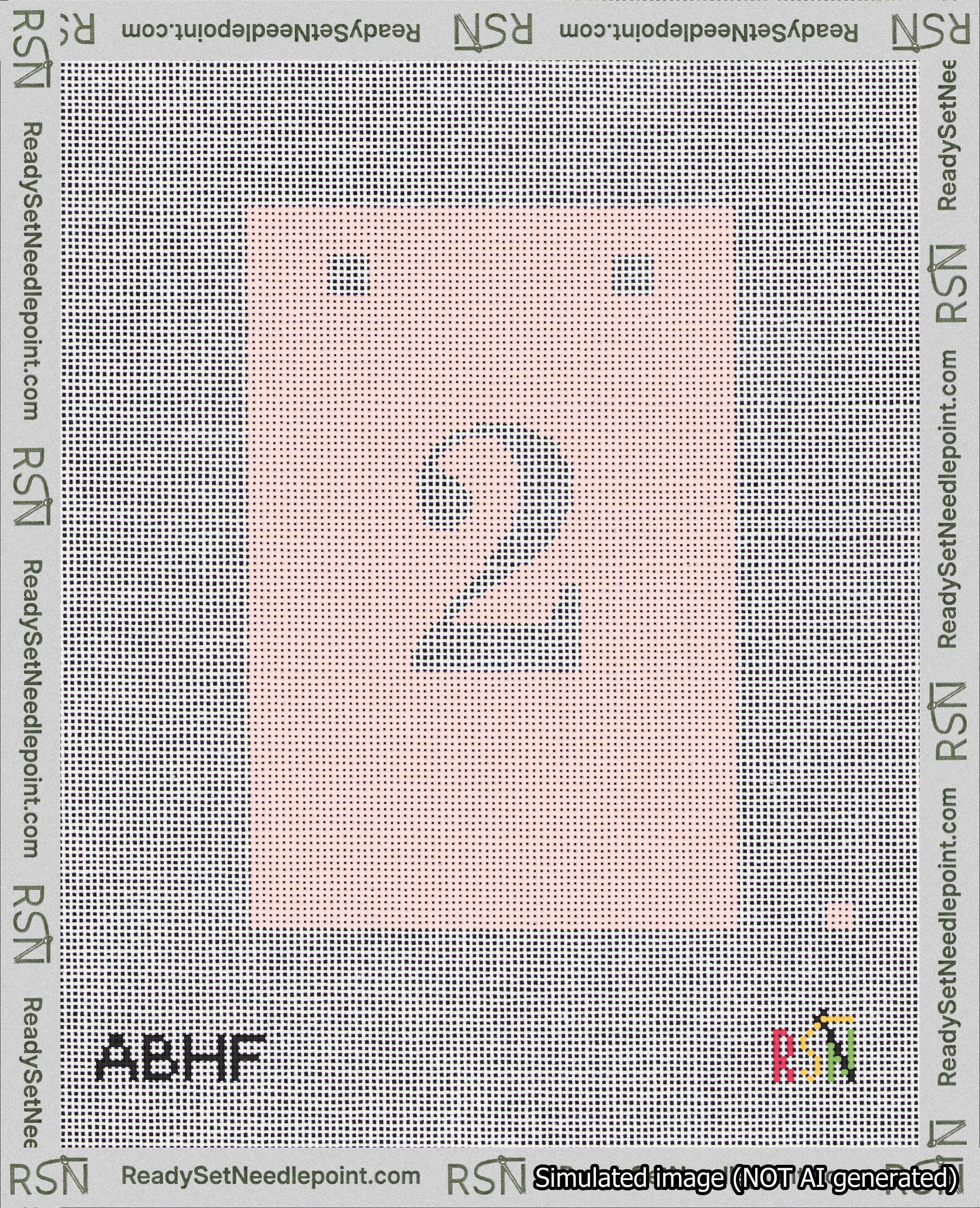 A taped needlepoint canvas with the design: Banner 18 mesh count Squared 2 White on Pink.