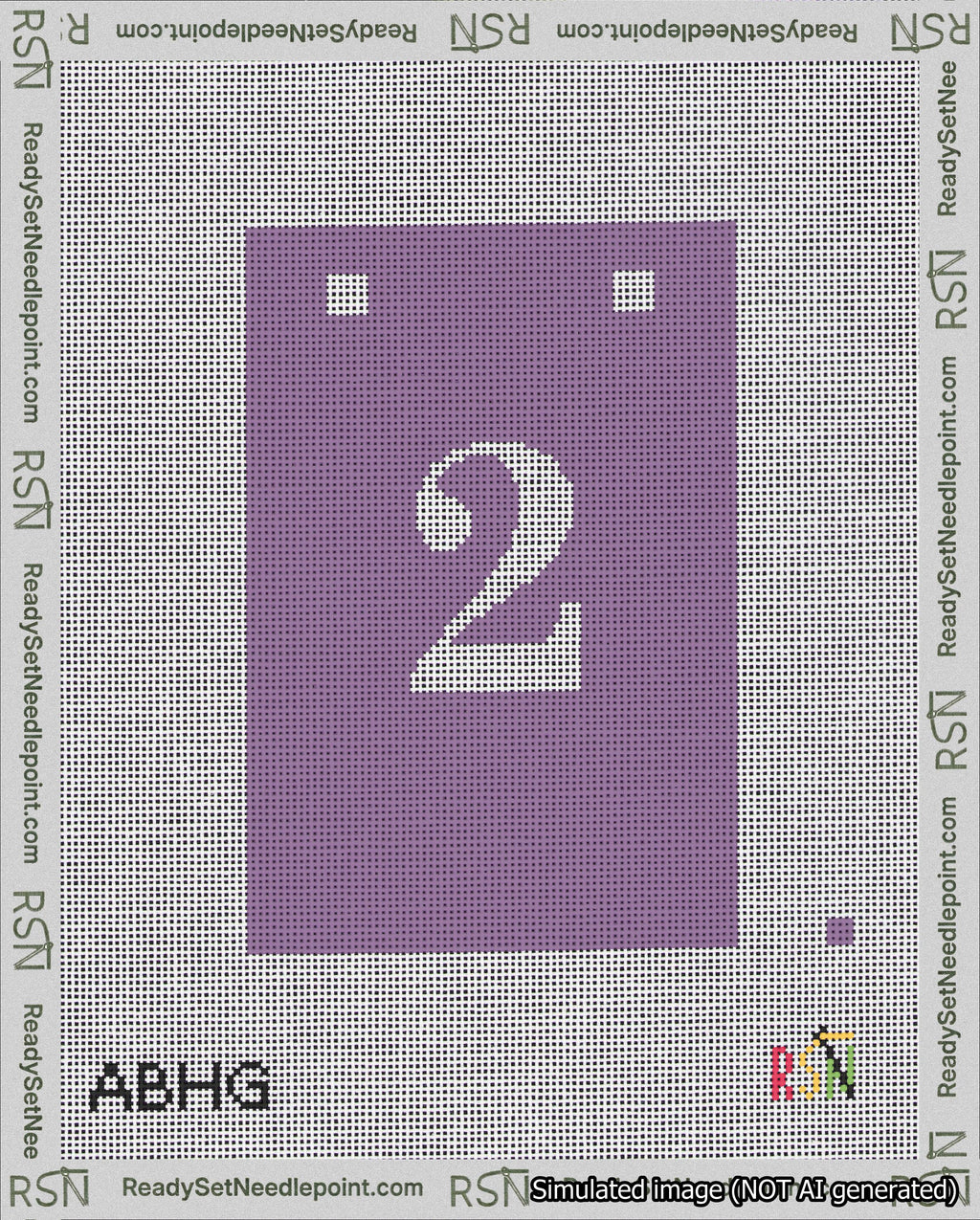 A taped needlepoint canvas with the design: Banner 18 mesh count Squared 2 White on Purple.