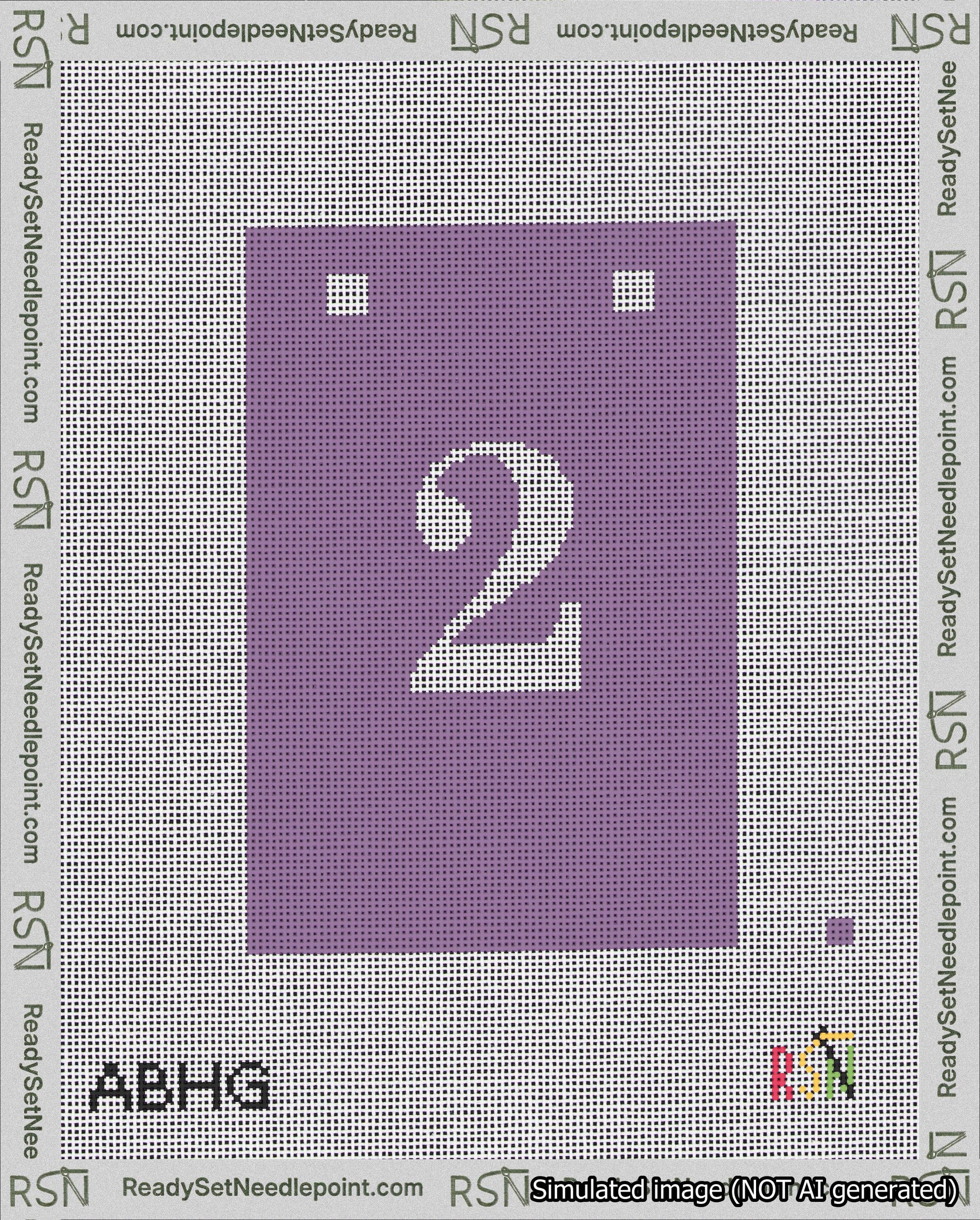 A taped needlepoint canvas with the design: Banner 18 mesh count Squared 2 White on Purple.