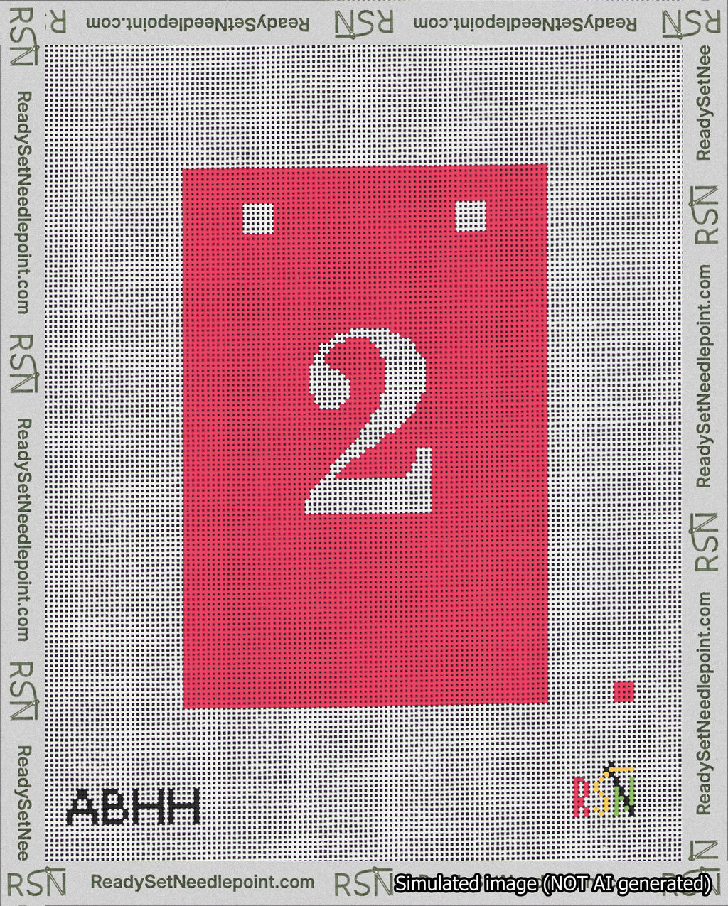 A taped needlepoint canvas with the design: Banner 18 mesh count Squared 2 White on Red.