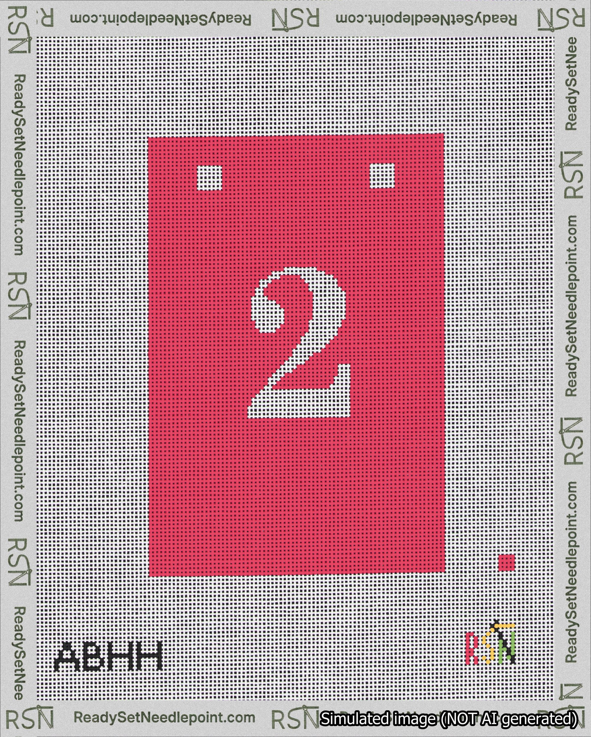 A taped needlepoint canvas with the design: Banner 18 mesh count Squared 2 White on Red.