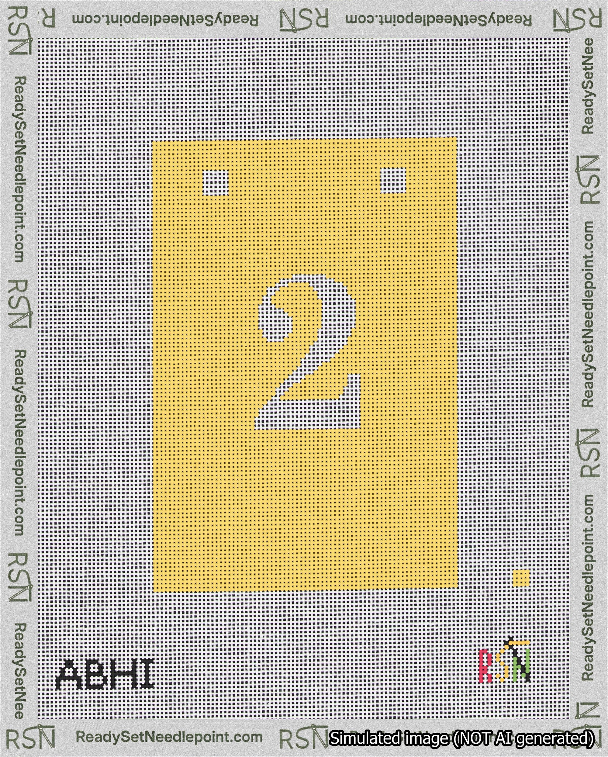 A taped needlepoint canvas with the design: Banner 18 mesh count Squared 2 White on Yellow.