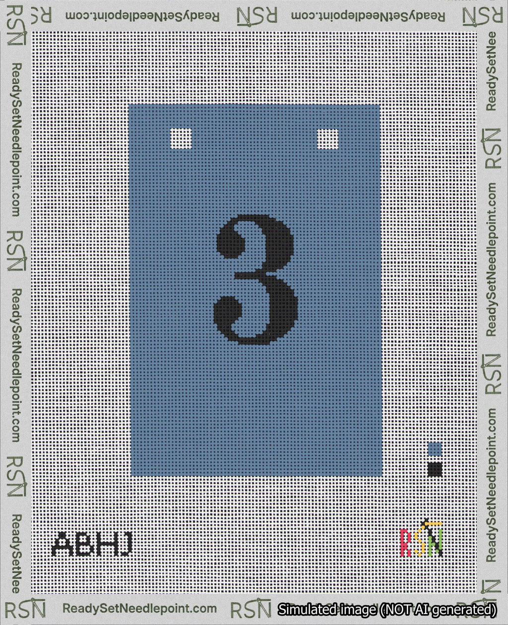 A taped needlepoint canvas with the design: Banner 18 mesh count Squared 3 Black on Blue.
