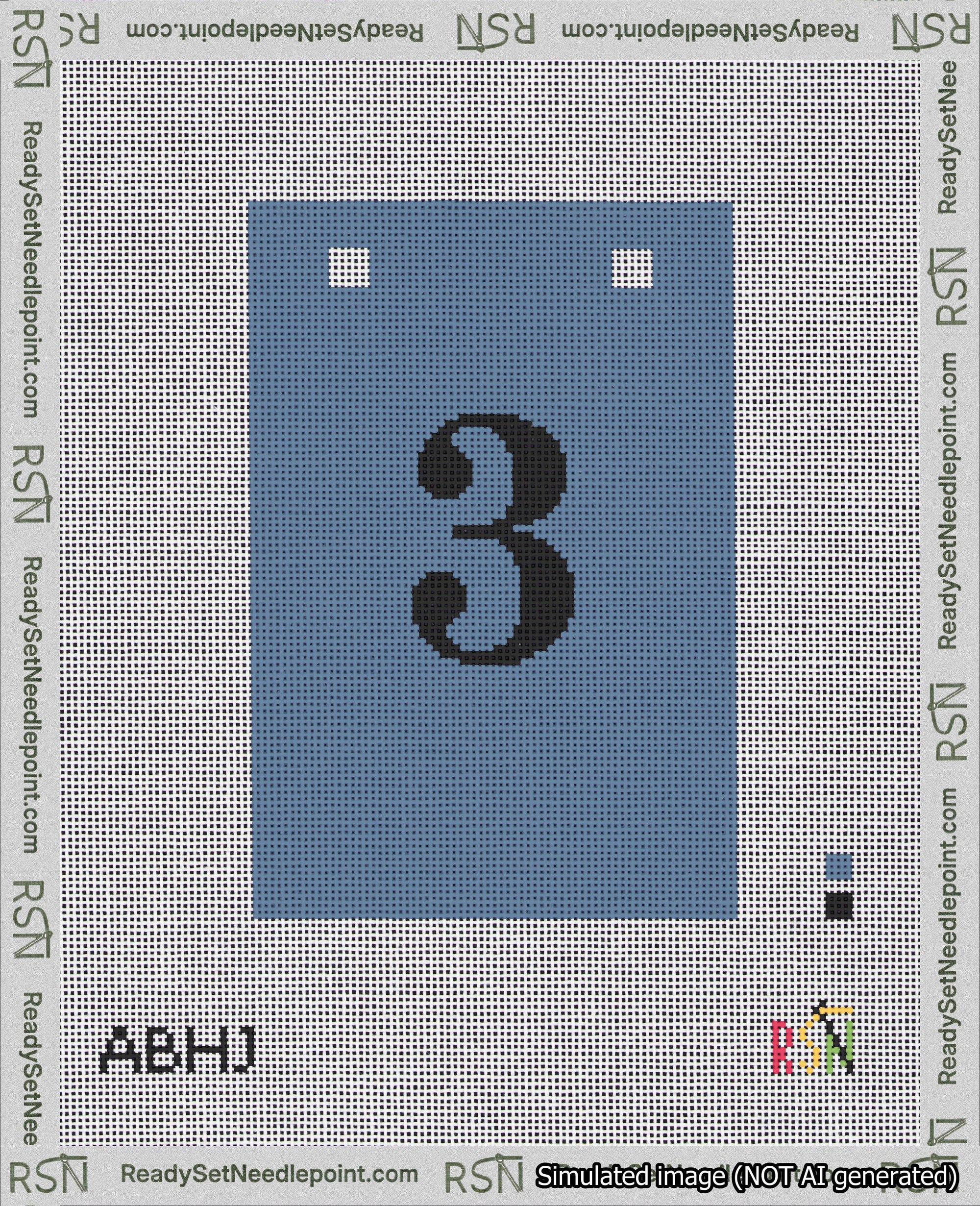 A taped needlepoint canvas with the design: Banner 18 mesh count Squared 3 Black on Blue.