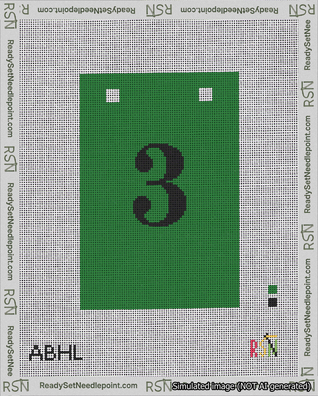 A taped needlepoint canvas with the design: Banner 18 mesh count Squared 3 Black on Green.