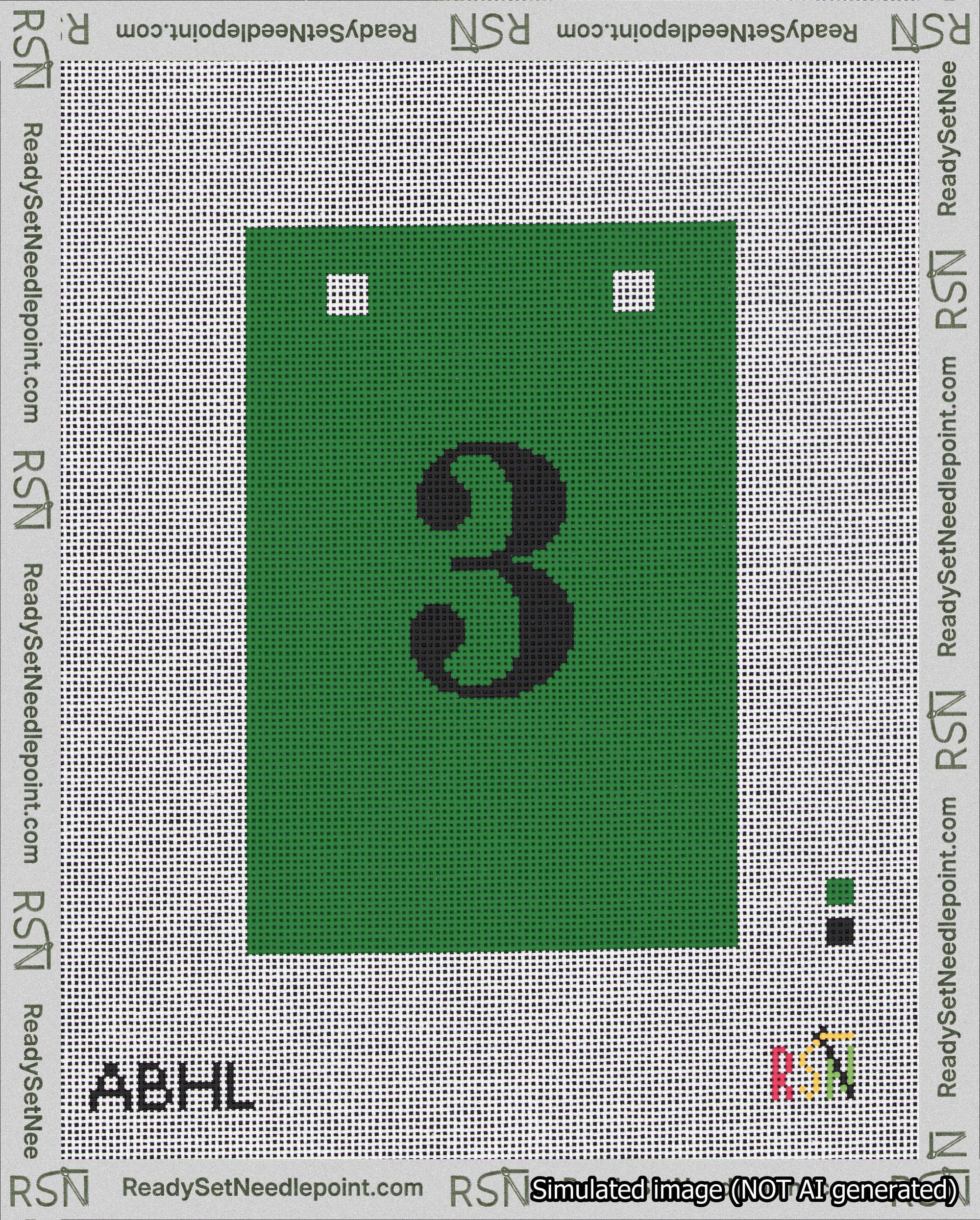 A taped needlepoint canvas with the design: Banner 18 mesh count Squared 3 Black on Green.