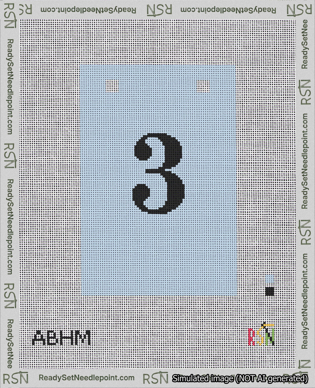 A taped needlepoint canvas with the design: Banner 18 mesh count Squared 3 Black on Light Blue.