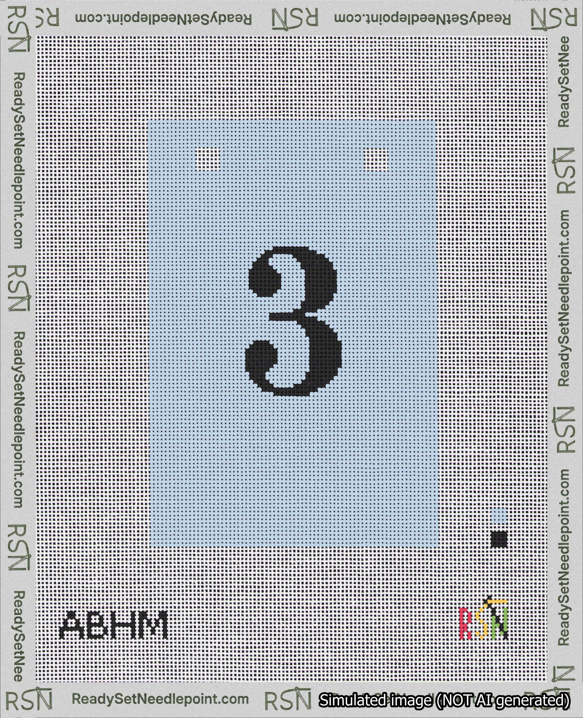 A taped needlepoint canvas with the design: Banner 18 mesh count Squared 3 Black on Light Blue.