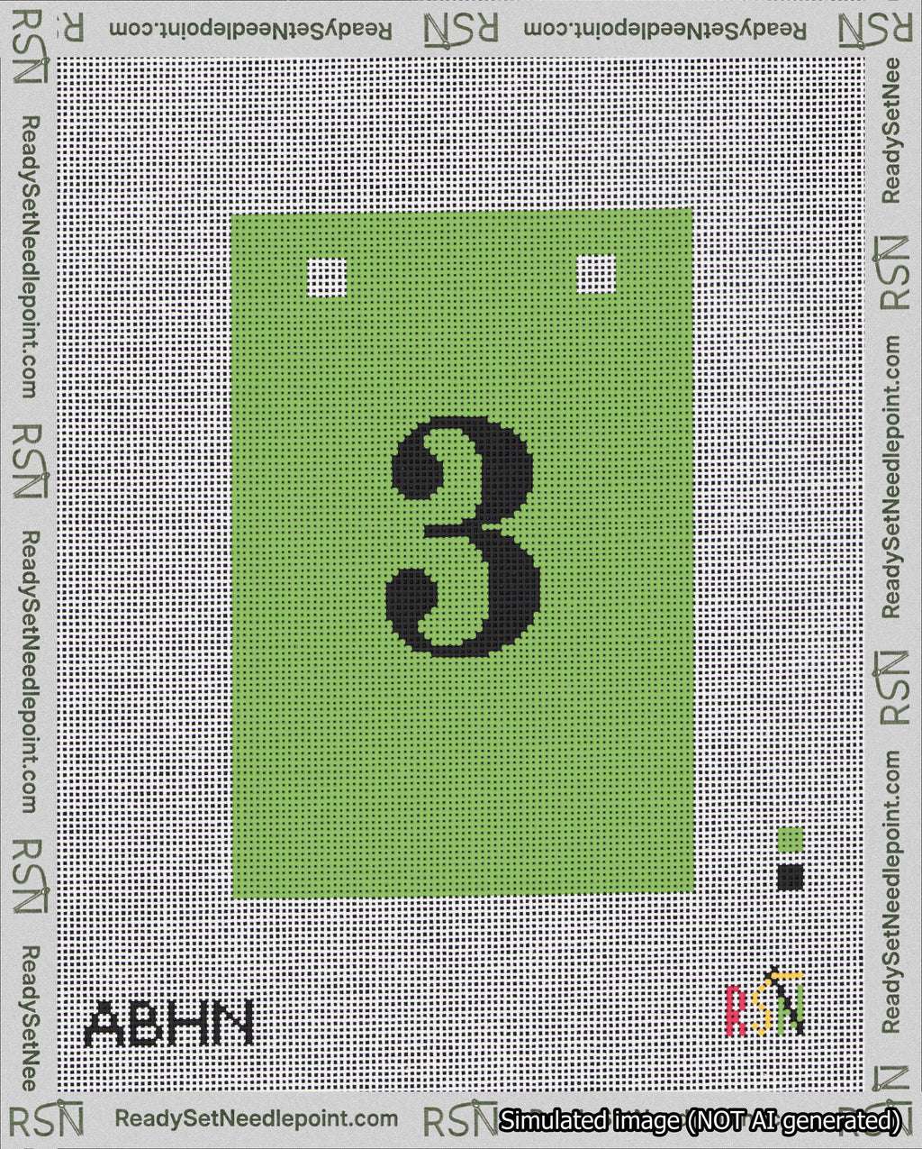 A taped needlepoint canvas with the design: Banner 18 mesh count Squared 3 Black on Light Green.