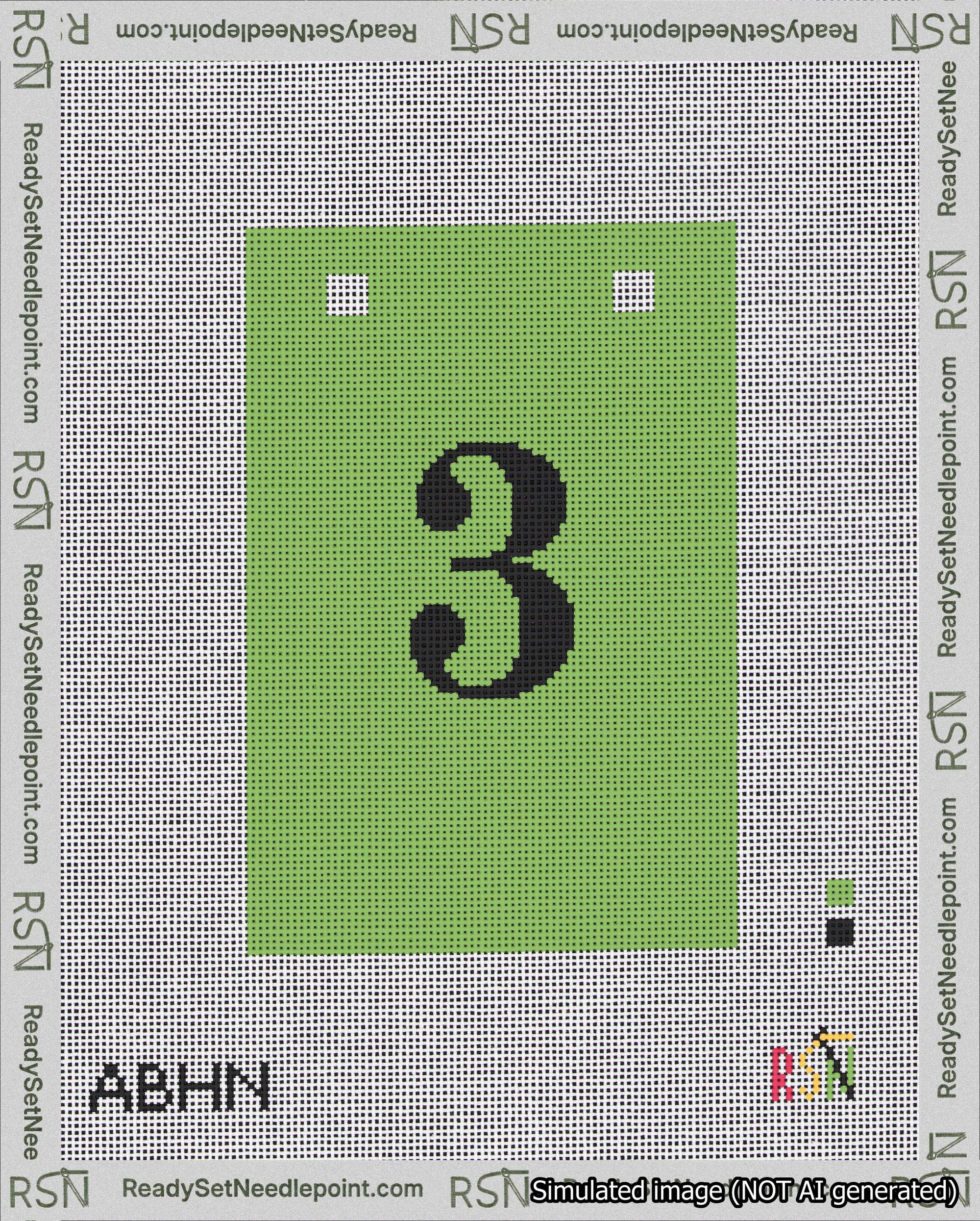 A taped needlepoint canvas with the design: Banner 18 mesh count Squared 3 Black on Light Green.