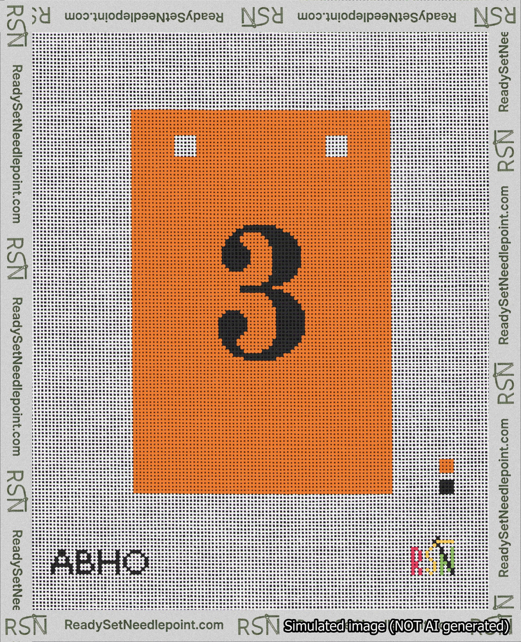 A taped needlepoint canvas with the design: Banner 18 mesh count Squared 3 Black on Orange.