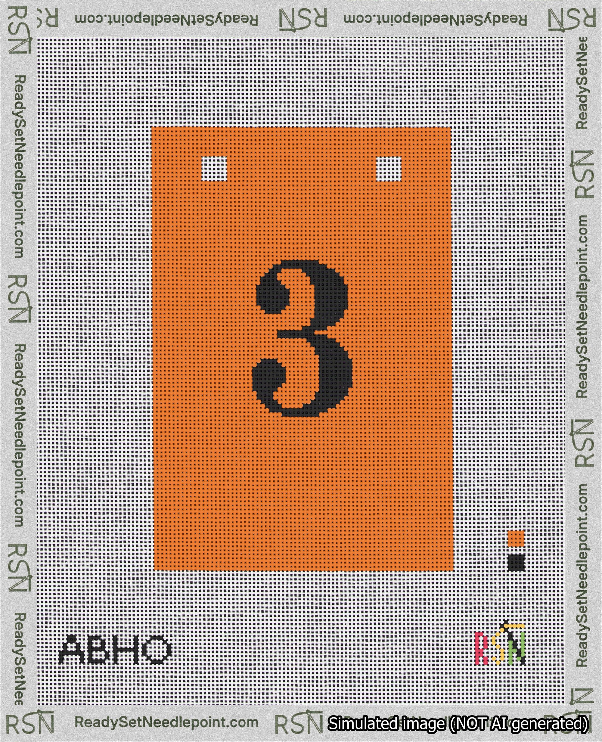 A taped needlepoint canvas with the design: Banner 18 mesh count Squared 3 Black on Orange.