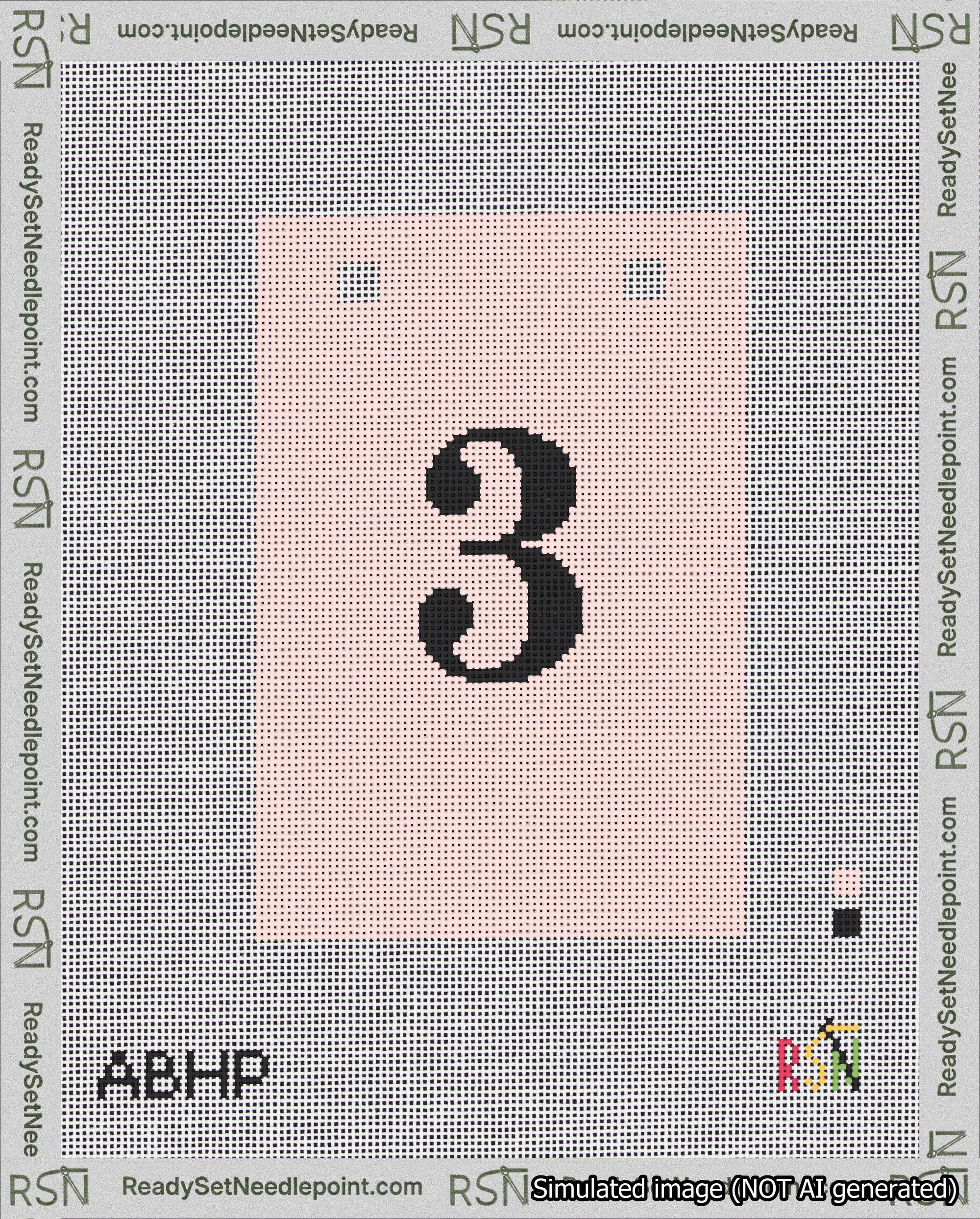 A taped needlepoint canvas with the design: Banner 18 mesh count Squared 3 Black on Pink.