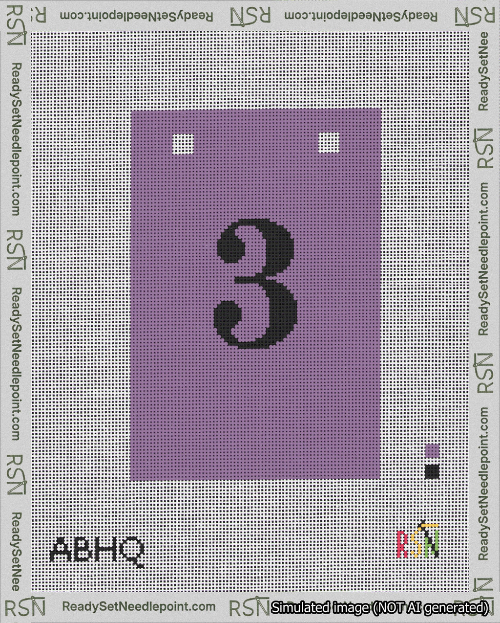A taped needlepoint canvas with the design: Banner 18 mesh count Squared 3 Black on Purple.