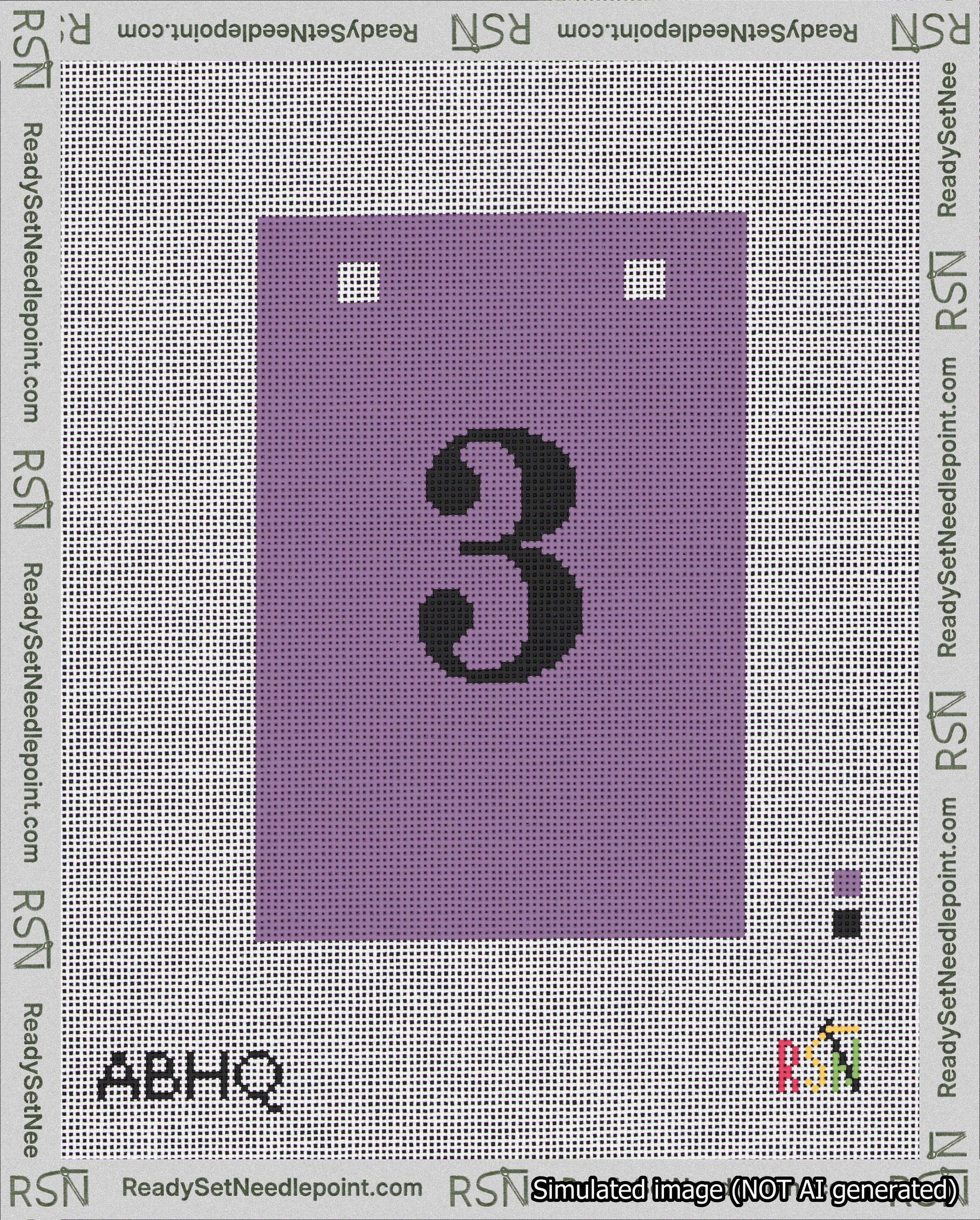 A taped needlepoint canvas with the design: Banner 18 mesh count Squared 3 Black on Purple.