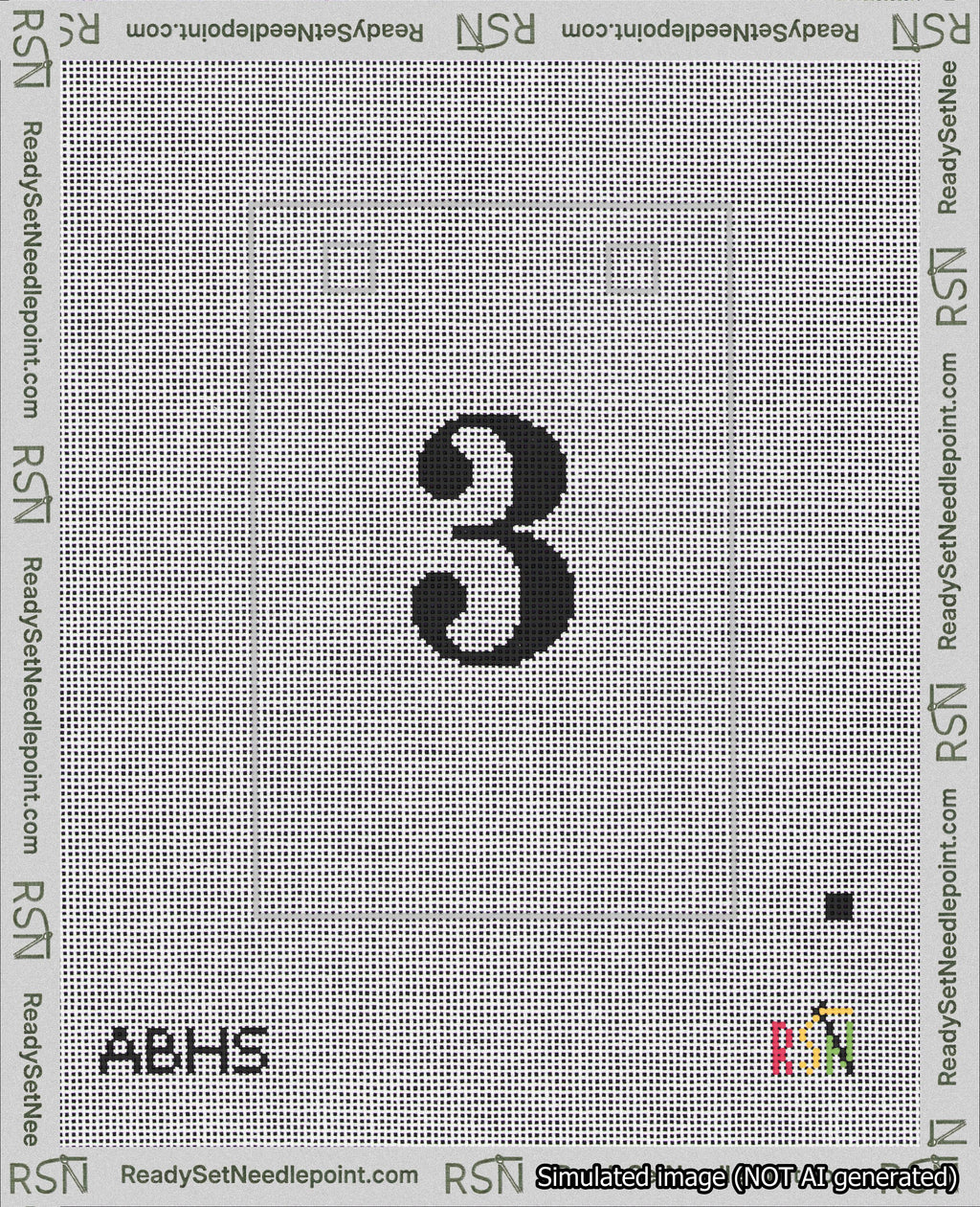 A taped needlepoint canvas with the design: Banner 18 mesh count Squared 3 Black on White.