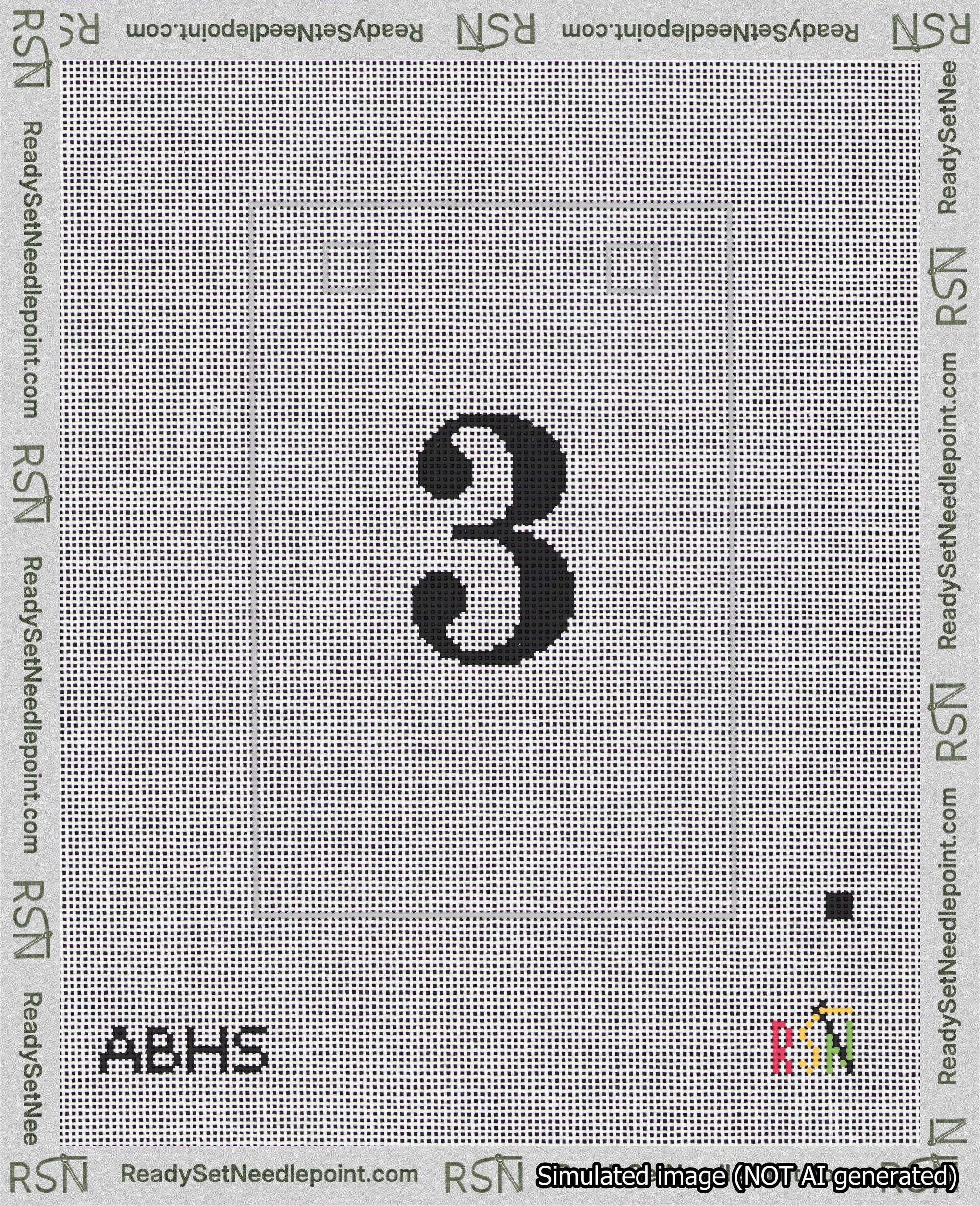 A taped needlepoint canvas with the design: Banner 18 mesh count Squared 3 Black on White.