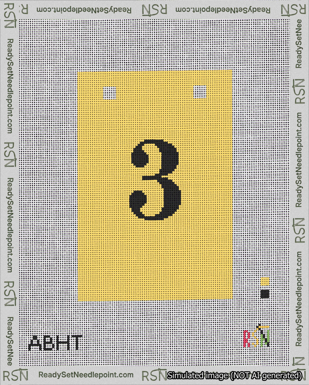 A taped needlepoint canvas with the design: Banner 18 mesh count Squared 3 Black on Yellow.