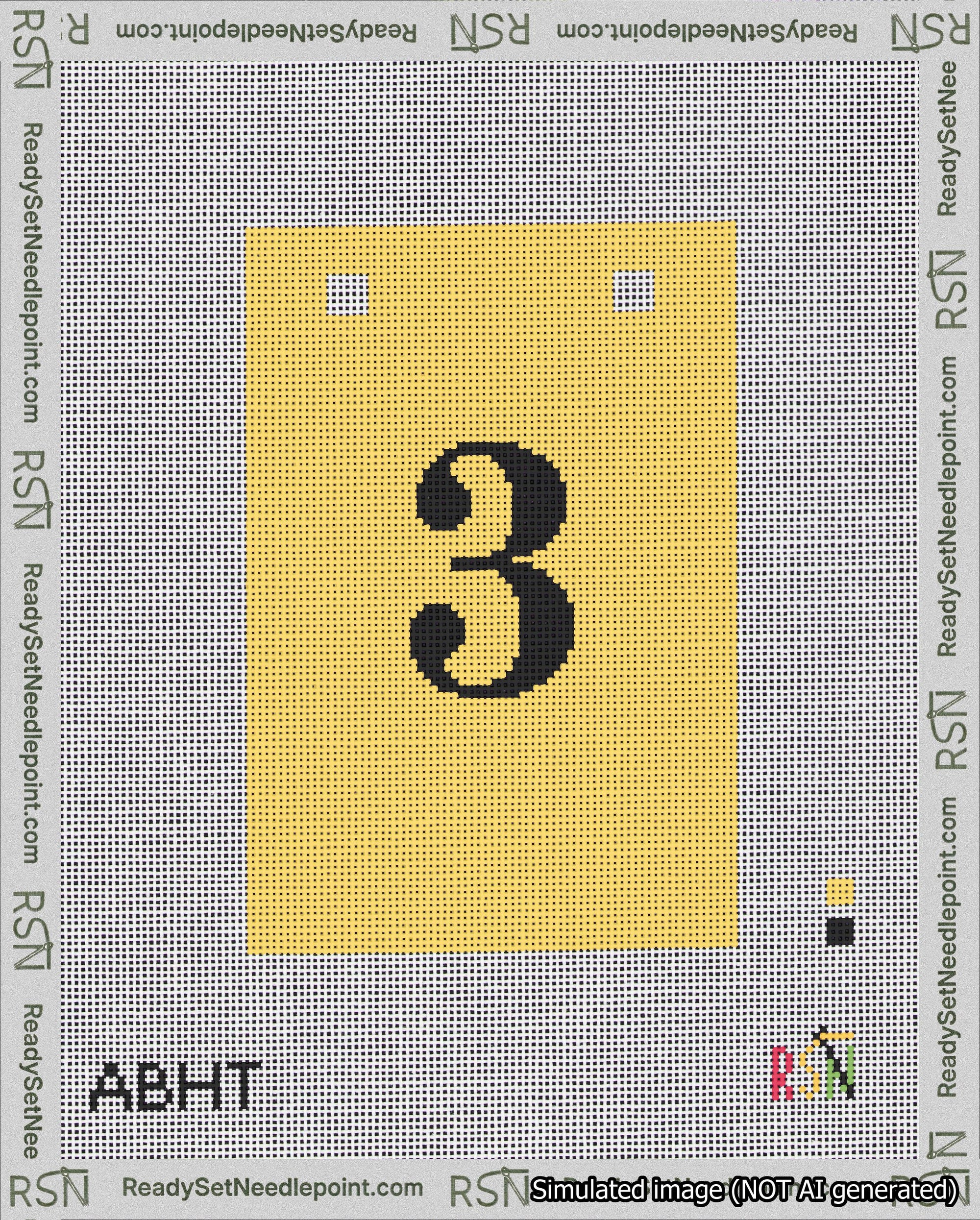 A taped needlepoint canvas with the design: Banner 18 mesh count Squared 3 Black on Yellow.
