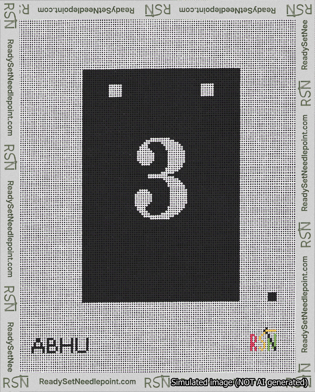 A taped needlepoint canvas with the design: Banner 18 mesh count Squared 3 White on Black.