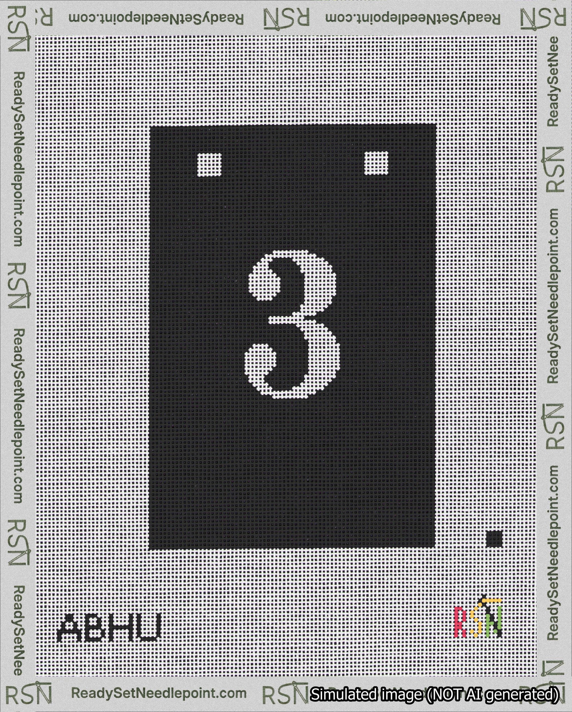 A taped needlepoint canvas with the design: Banner 18 mesh count Squared 3 White on Black.