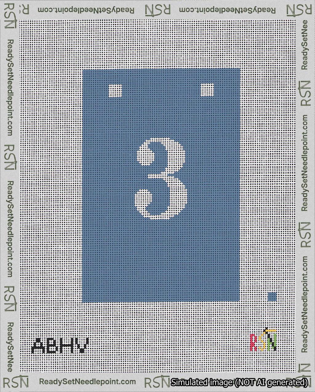 A taped needlepoint canvas with the design: Banner 18 mesh count Squared 3 White on Blue.