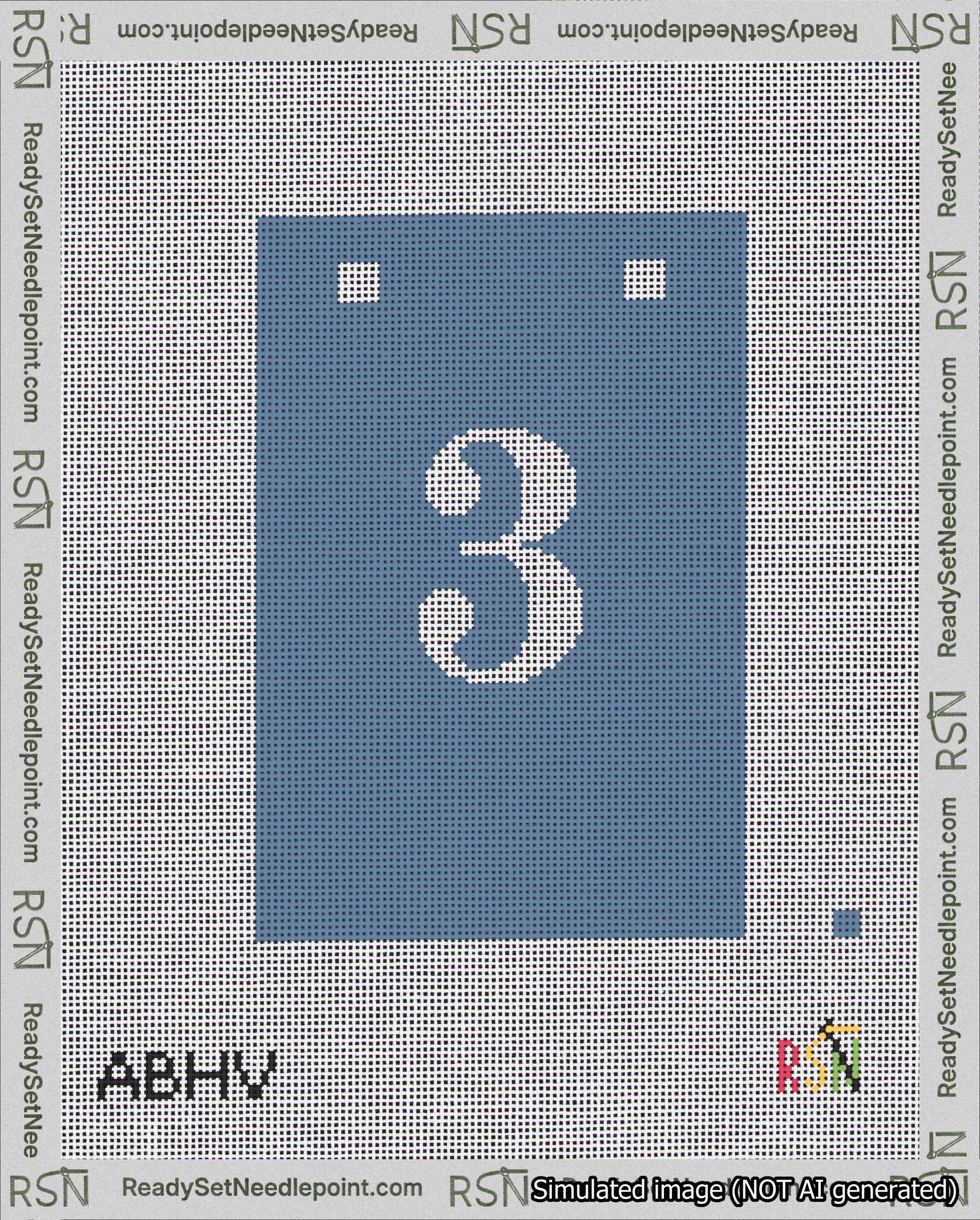A taped needlepoint canvas with the design: Banner 18 mesh count Squared 3 White on Blue.