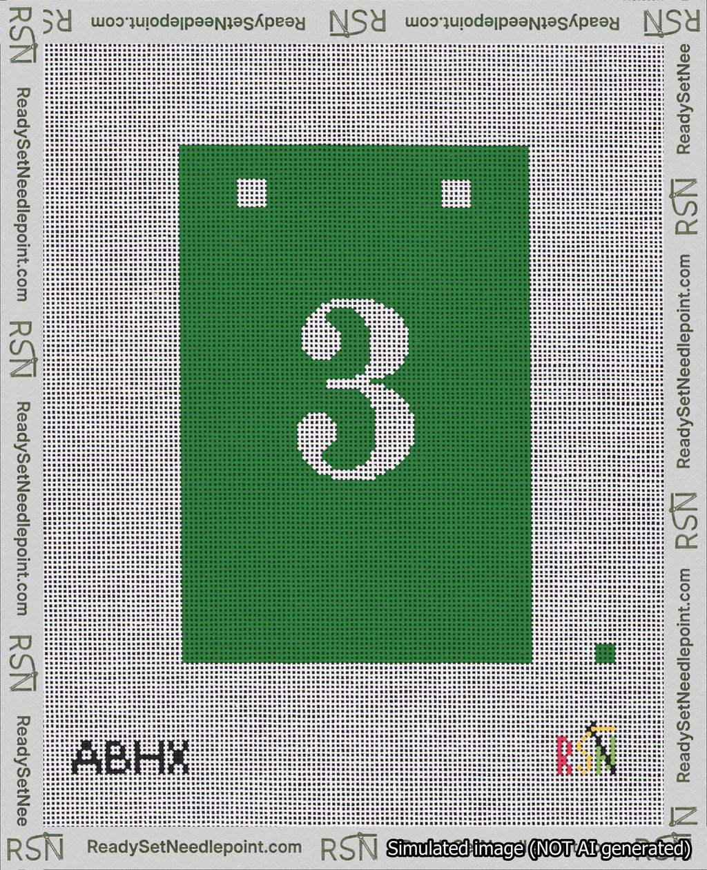 A taped needlepoint canvas with the design: Banner 18 mesh count Squared 3 White on Green.