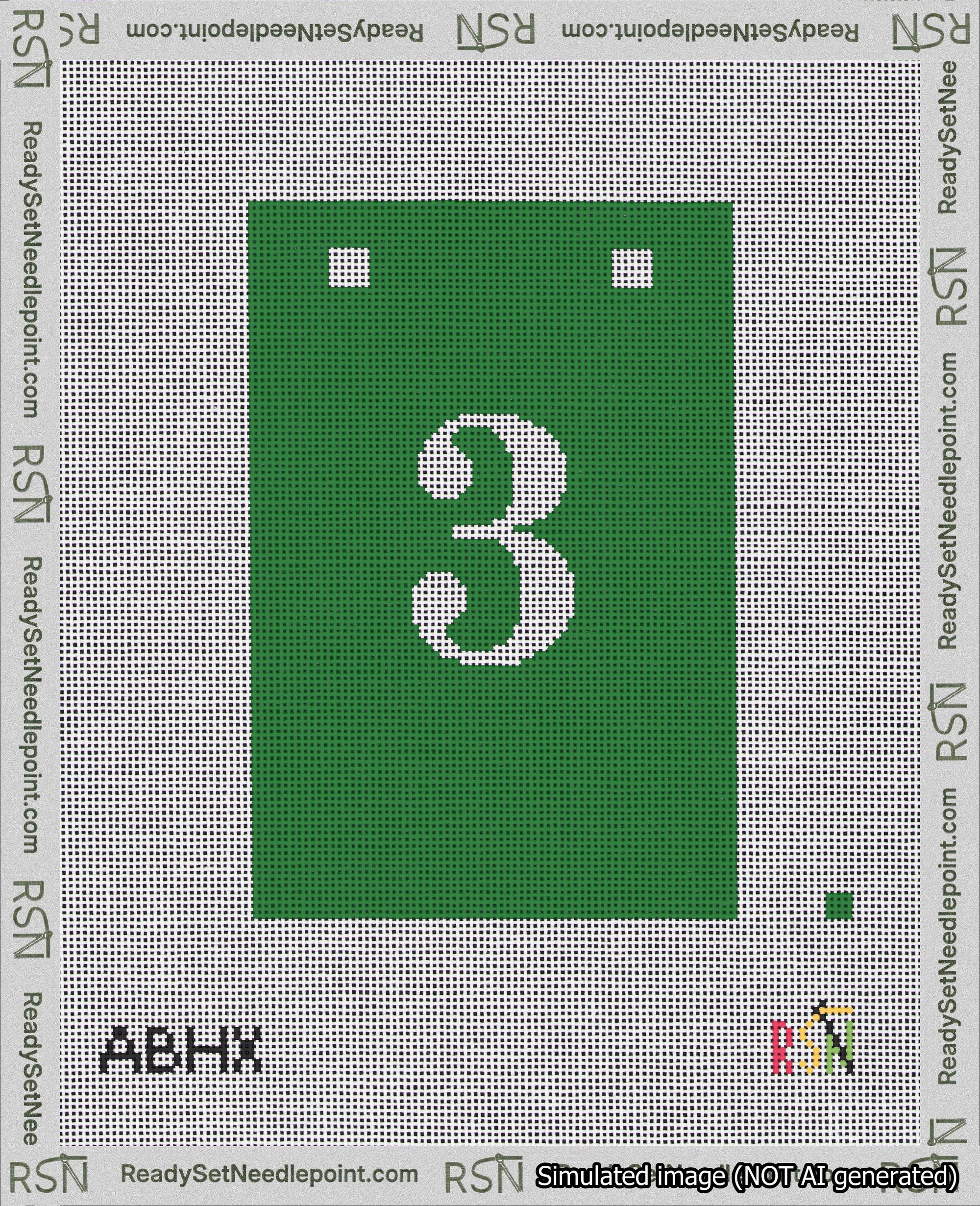 A taped needlepoint canvas with the design: Banner 18 mesh count Squared 3 White on Green.