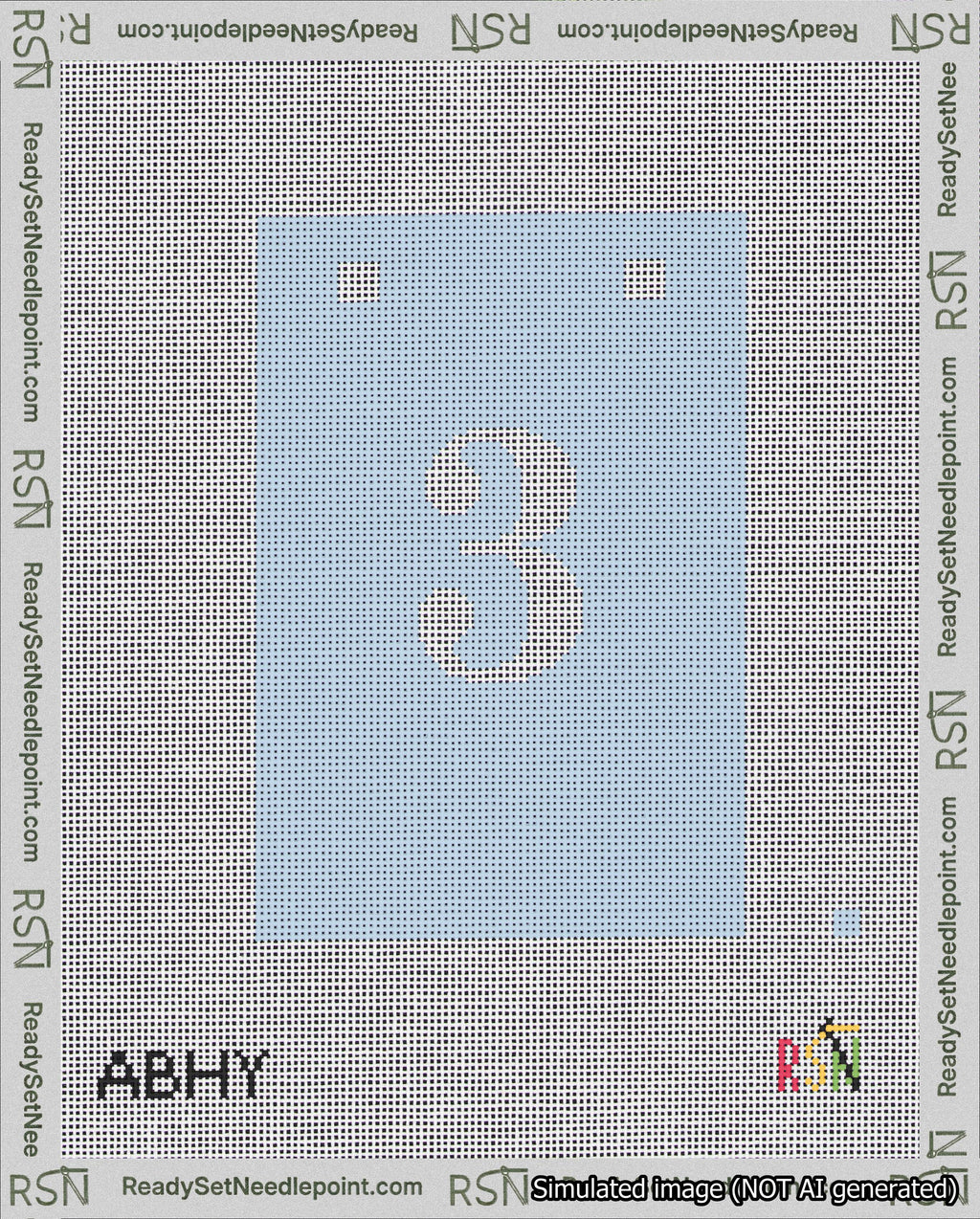 A taped needlepoint canvas with the design: Banner 18 mesh count Squared 3 White on Light Blue.