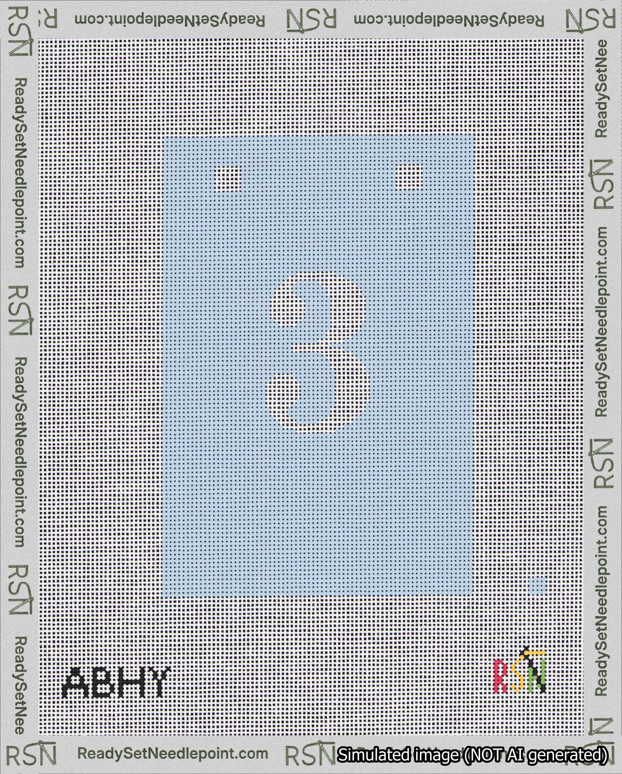 A taped needlepoint canvas with the design: Banner 18 mesh count Squared 3 White on Light Blue.