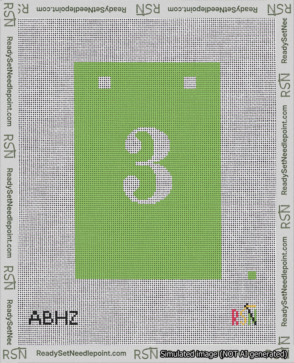 A taped needlepoint canvas with the design: Banner 18 mesh count Squared 3 White on Light Green.