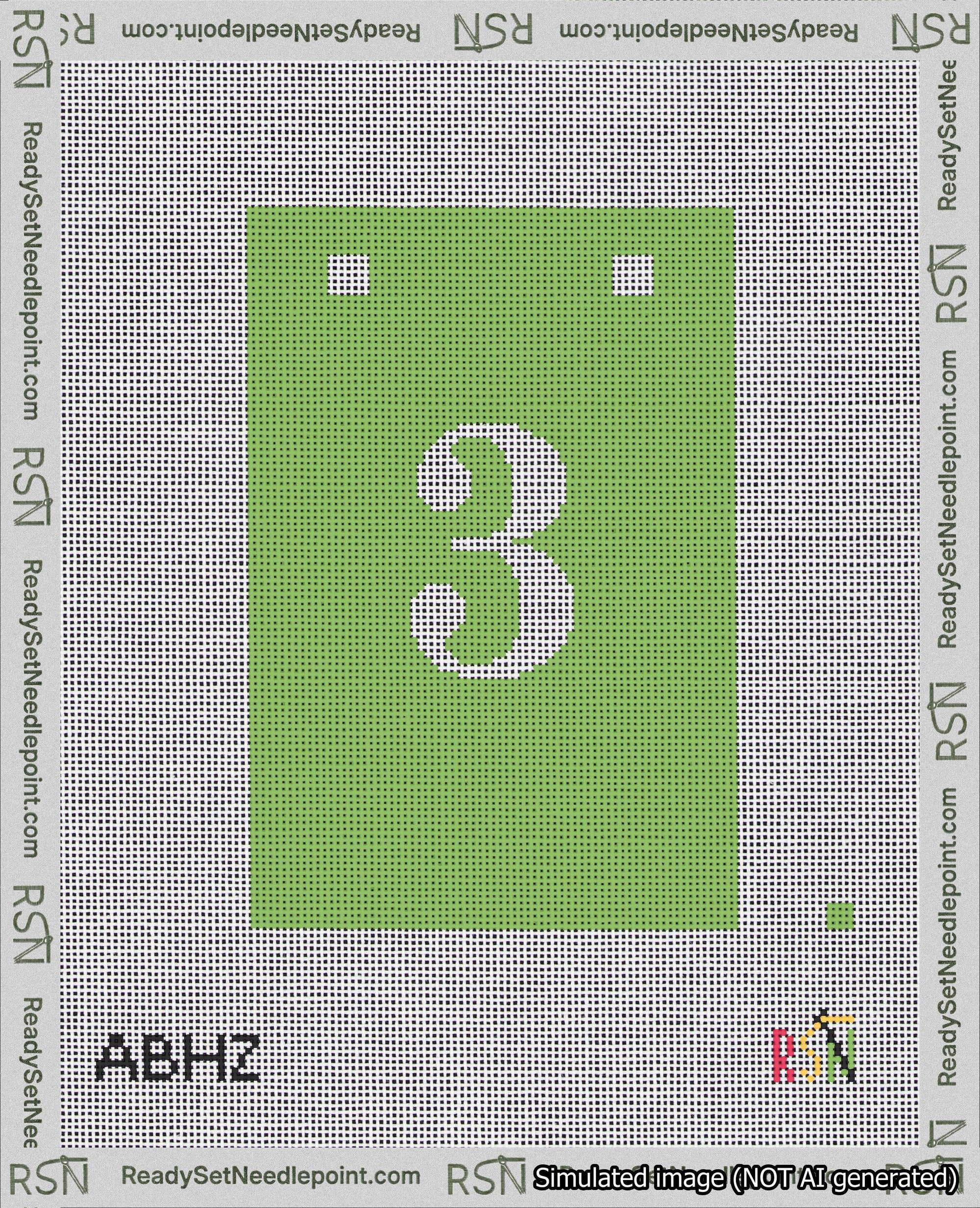 A taped needlepoint canvas with the design: Banner 18 mesh count Squared 3 White on Light Green.