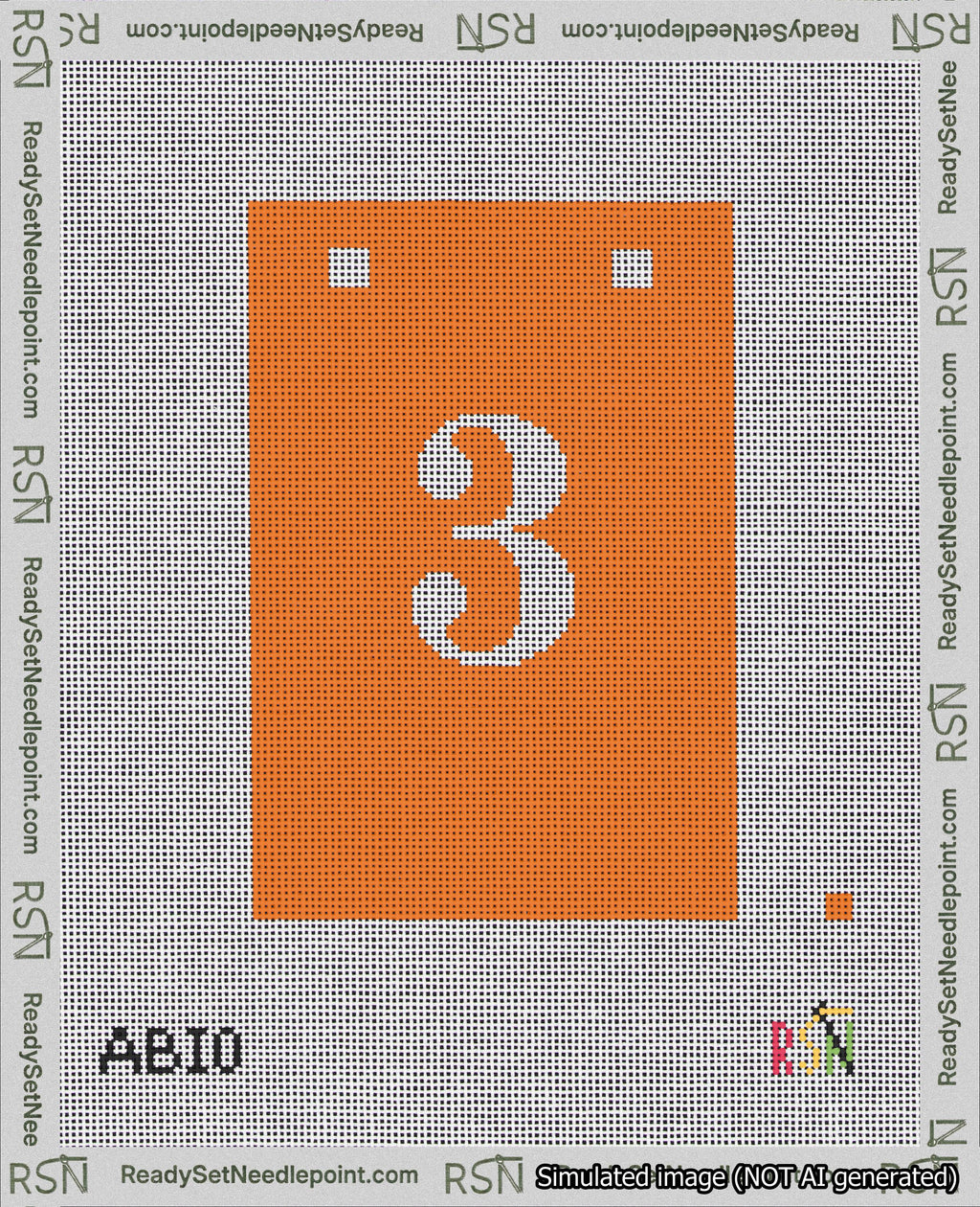 A taped needlepoint canvas with the design: Banner 18 mesh count Squared 3 White on Orange.