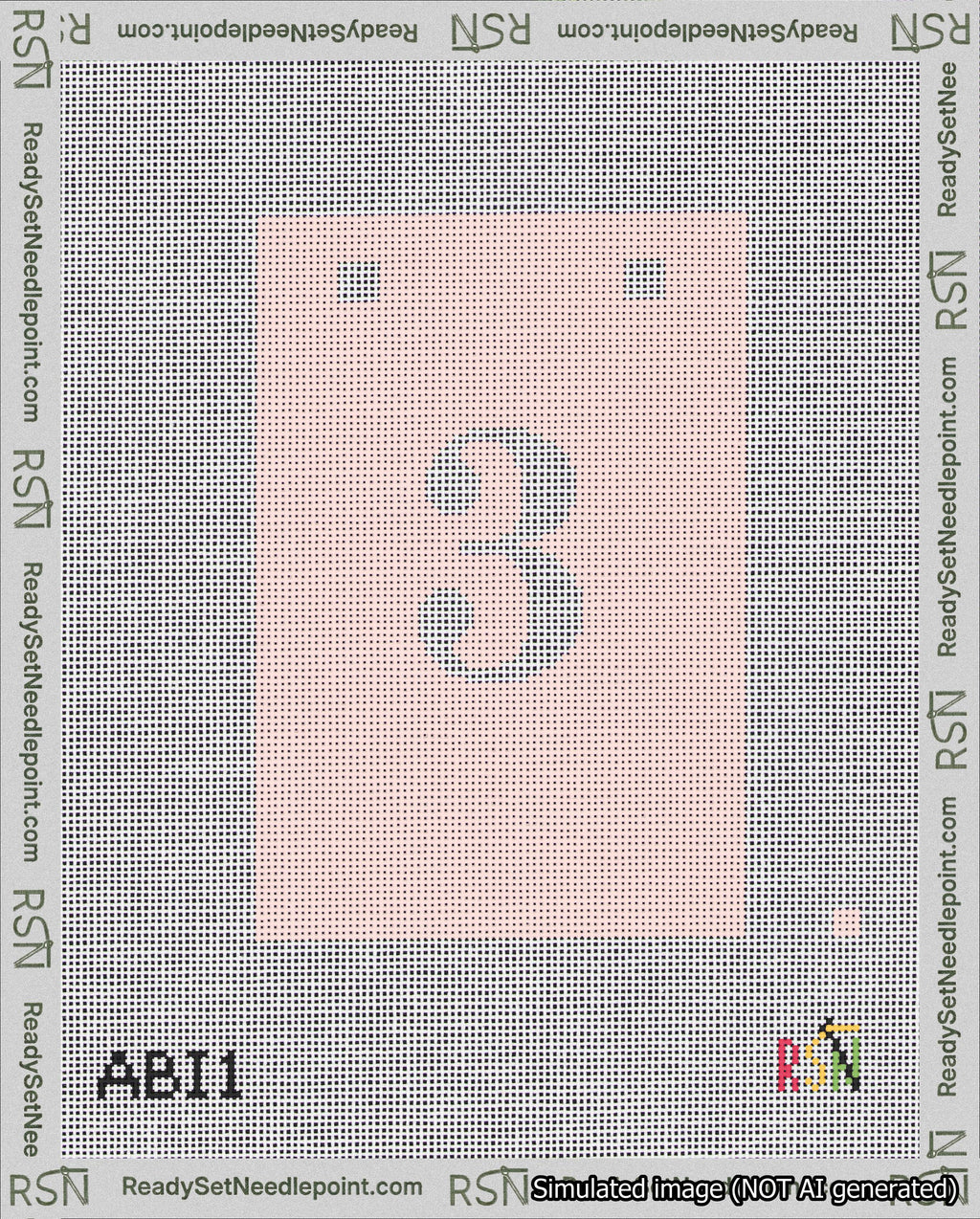 A taped needlepoint canvas with the design: Banner 18 mesh count Squared 3 White on Pink.