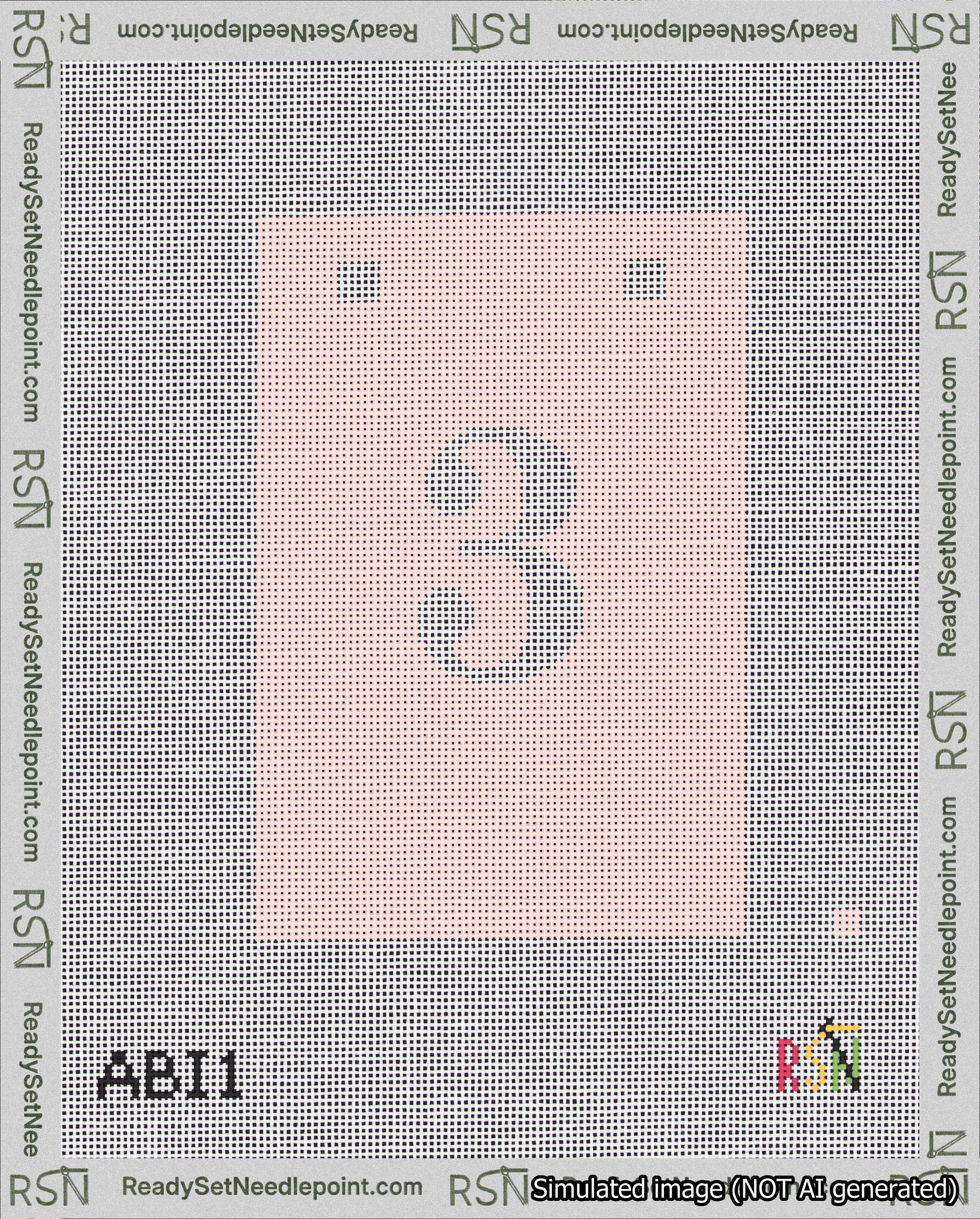 A taped needlepoint canvas with the design: Banner 18 mesh count Squared 3 White on Pink.