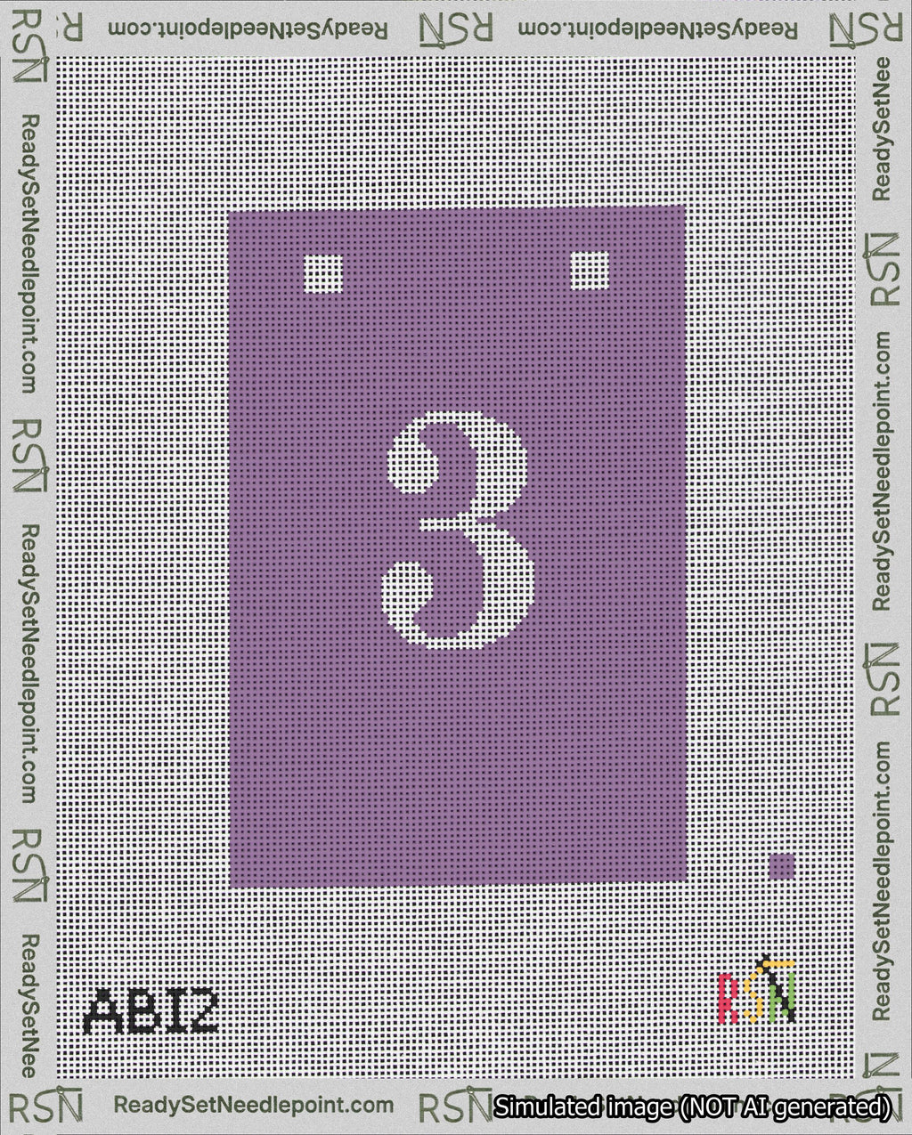 A taped needlepoint canvas with the design: Banner 18 mesh count Squared 3 White on Purple.