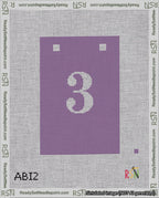 A taped needlepoint canvas with the design: Banner 18 mesh count Squared 3 White on Purple.