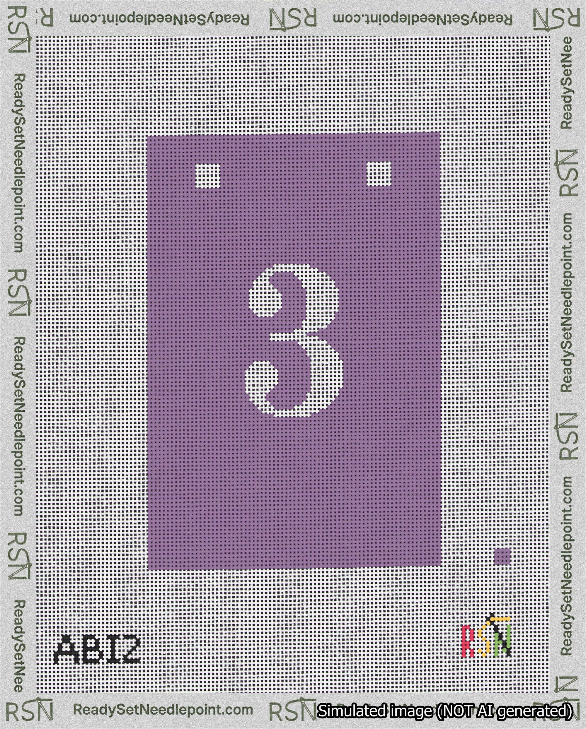 A taped needlepoint canvas with the design: Banner 18 mesh count Squared 3 White on Purple.