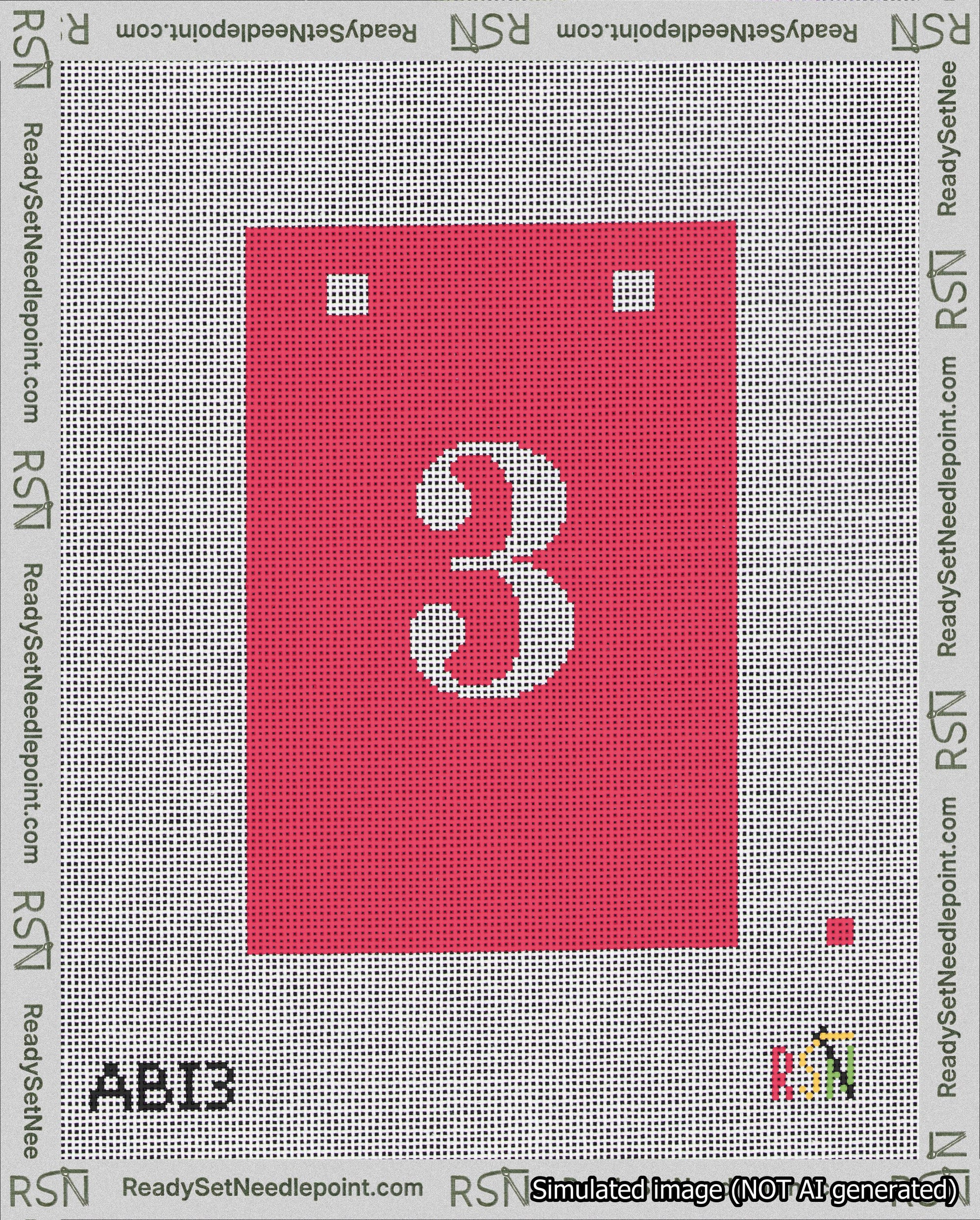 A taped needlepoint canvas with the design: Banner 18 mesh count Squared 3 White on Red.
