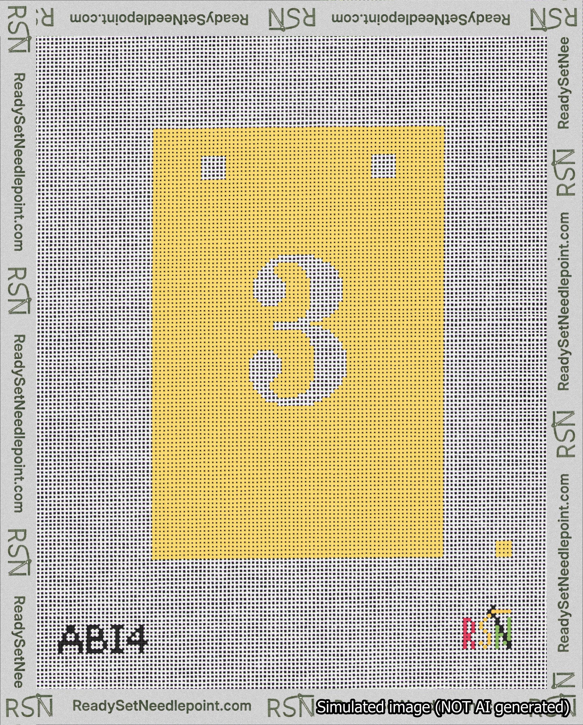 A taped needlepoint canvas with the design: Banner 18 mesh count Squared 3 White on Yellow.