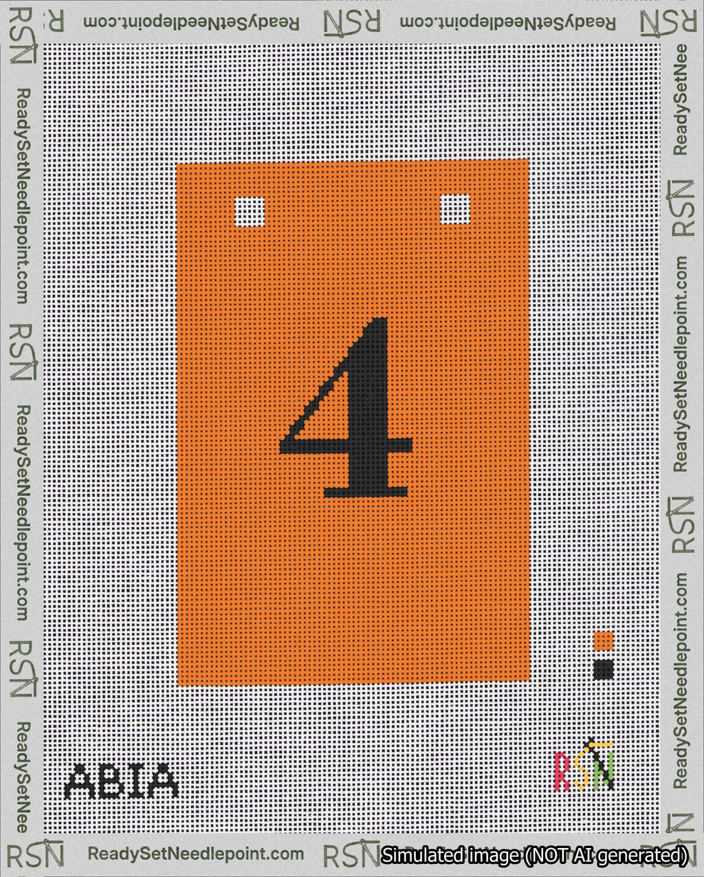 A taped needlepoint canvas with the design: Banner 18 mesh count Squared 4 Black on Orange.